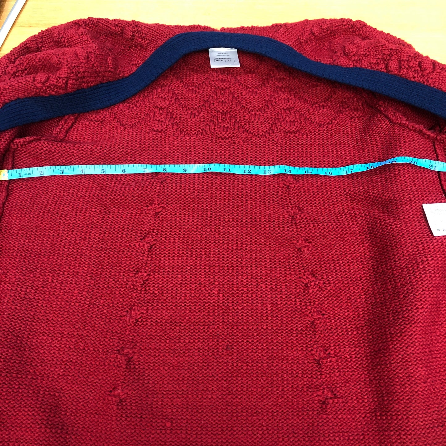 Chanel Red Cable Knit Cardigan with Navy Trim Size 44