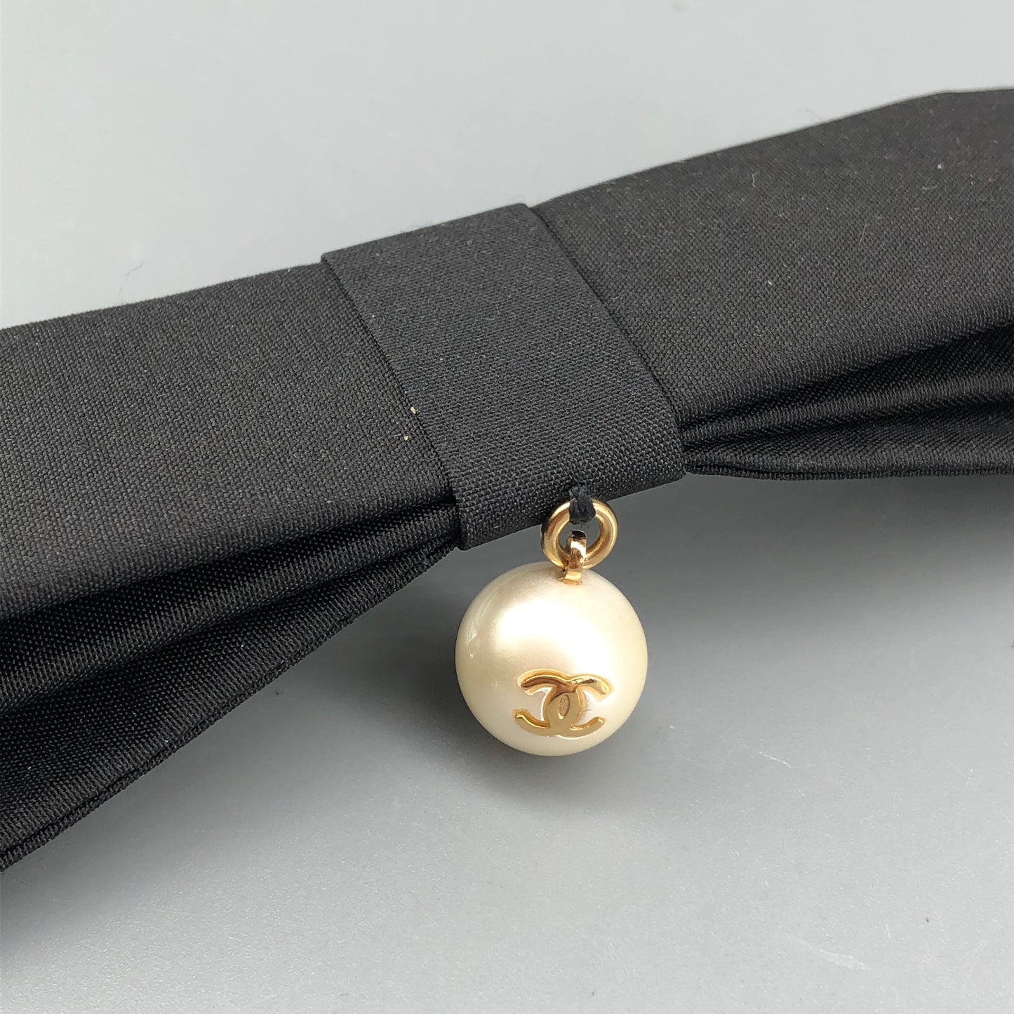 Chanel Black Bow Hair Clip with CC Pearl Charm
