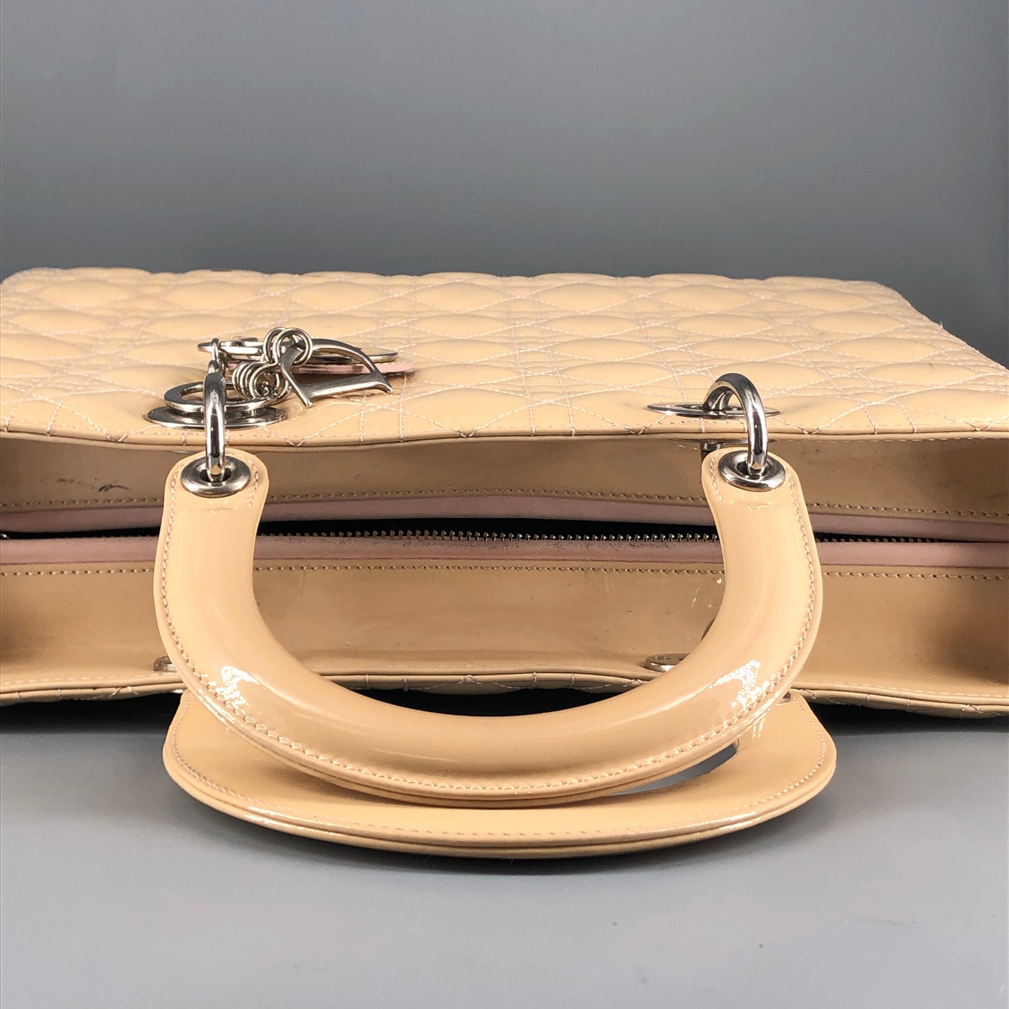 Christian Dior Lady Dior Large Cannage Patent Leather Handbag Nude