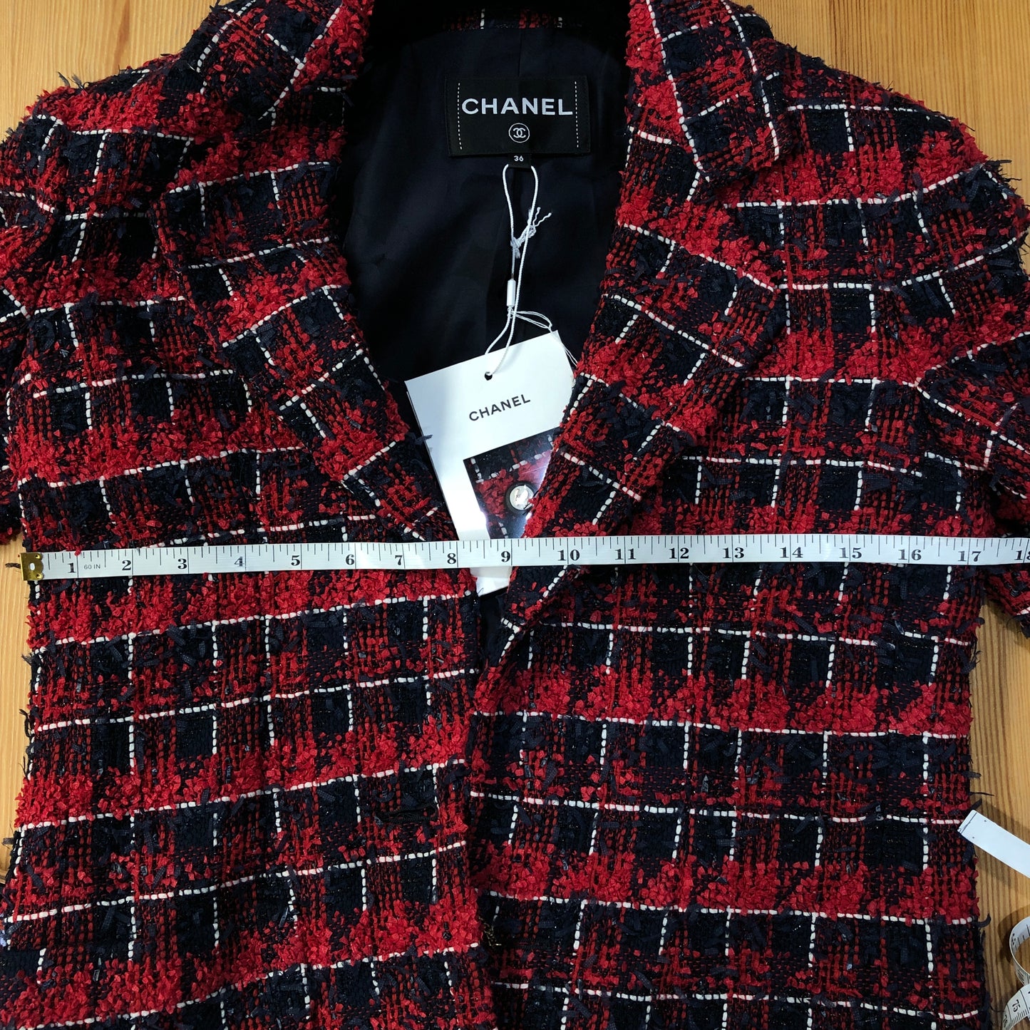 Chanel Red & Navy Blue Plaid Tweed Blazer Lapel Collar Size 36