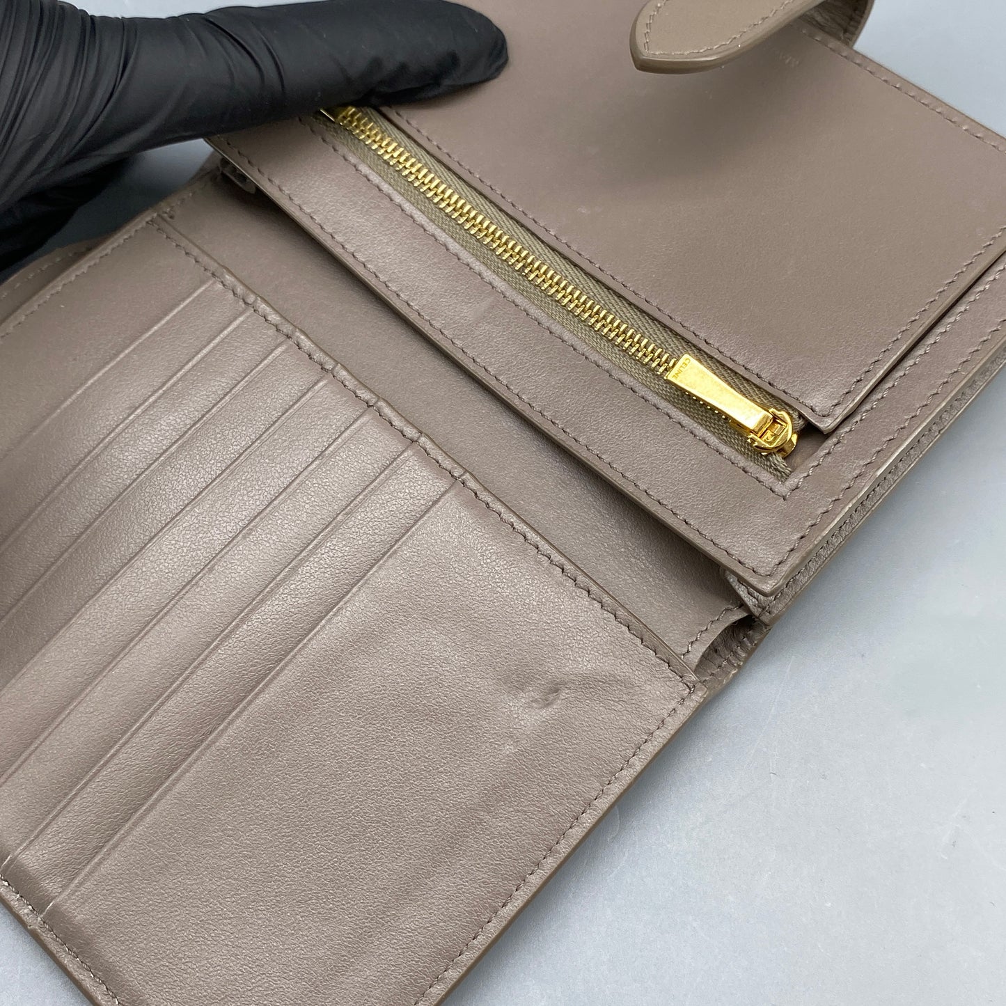 Celine Beige Grained Leather Triomphe Medium Fold Wallet