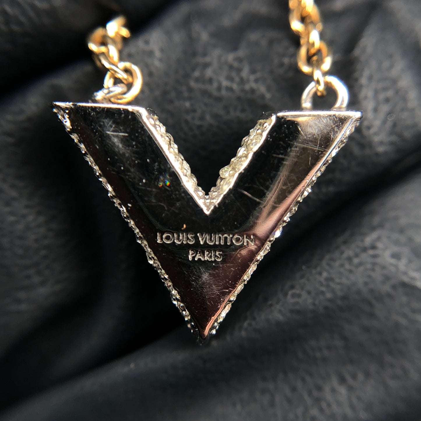 Louis Vuitton Gold Tone Full Crystal V Pendant Necklace