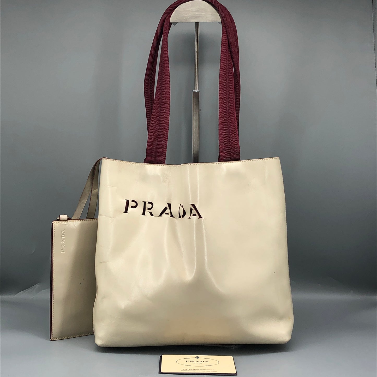 Prada Cream Leather Logo Tote Bag