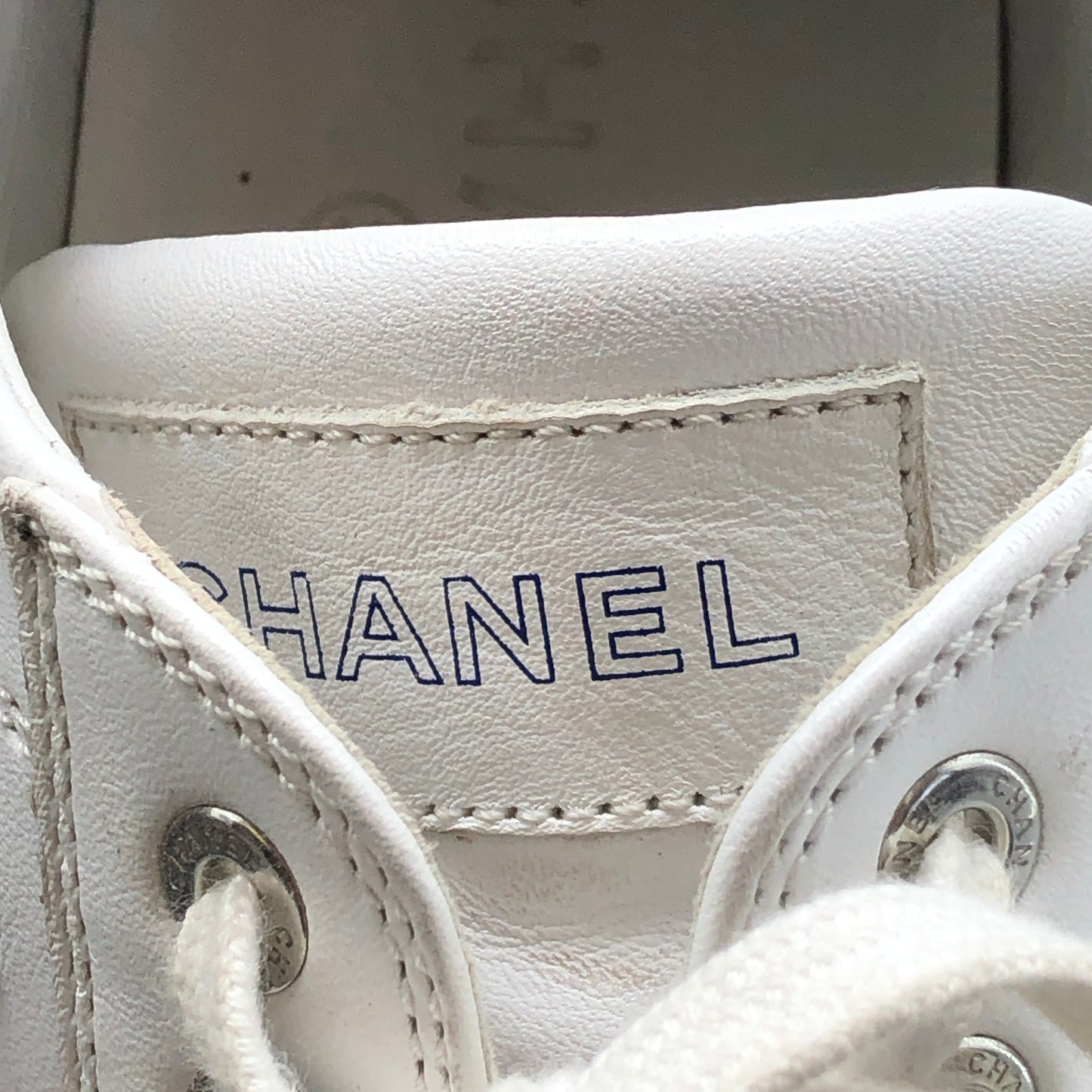 Chanel Women's White & Dark Blue Cap-Toe Sneakers shoes 36.5