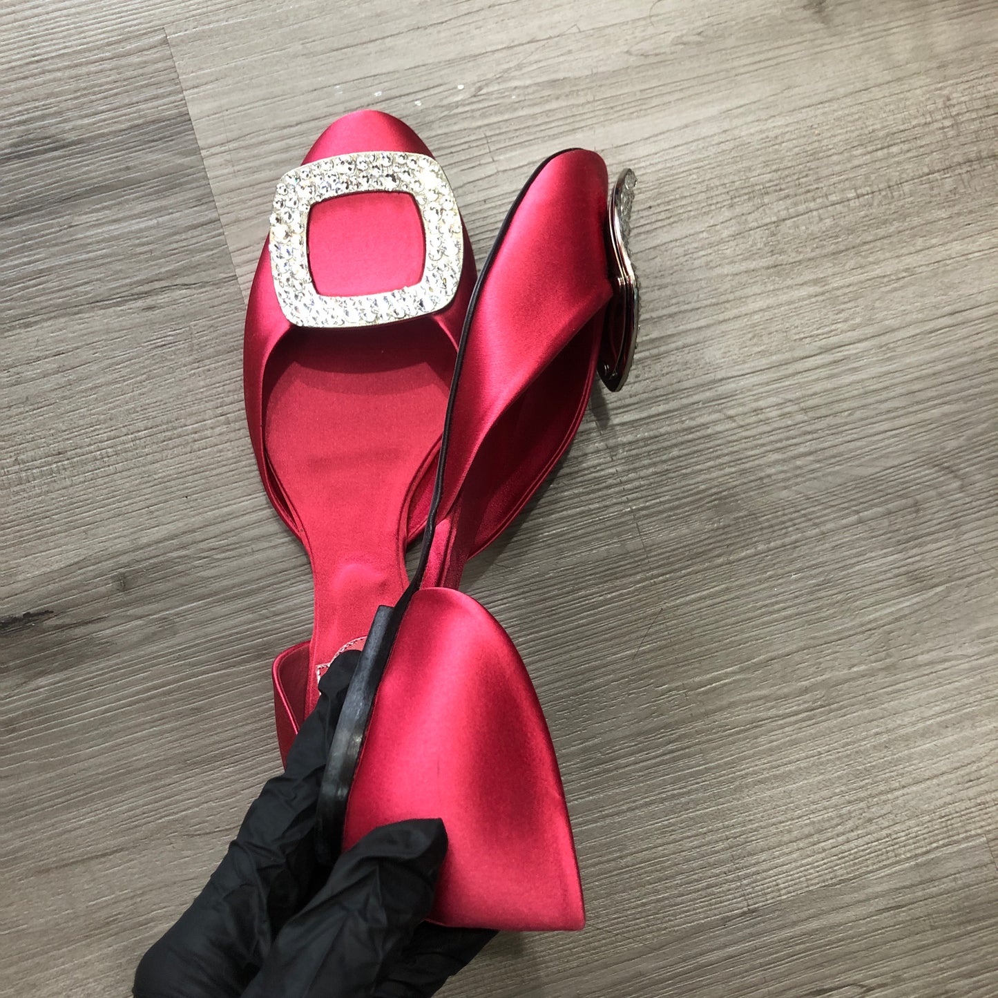 Roger Vivier Women's Red Satin Crystal Buckle Flats Size 36