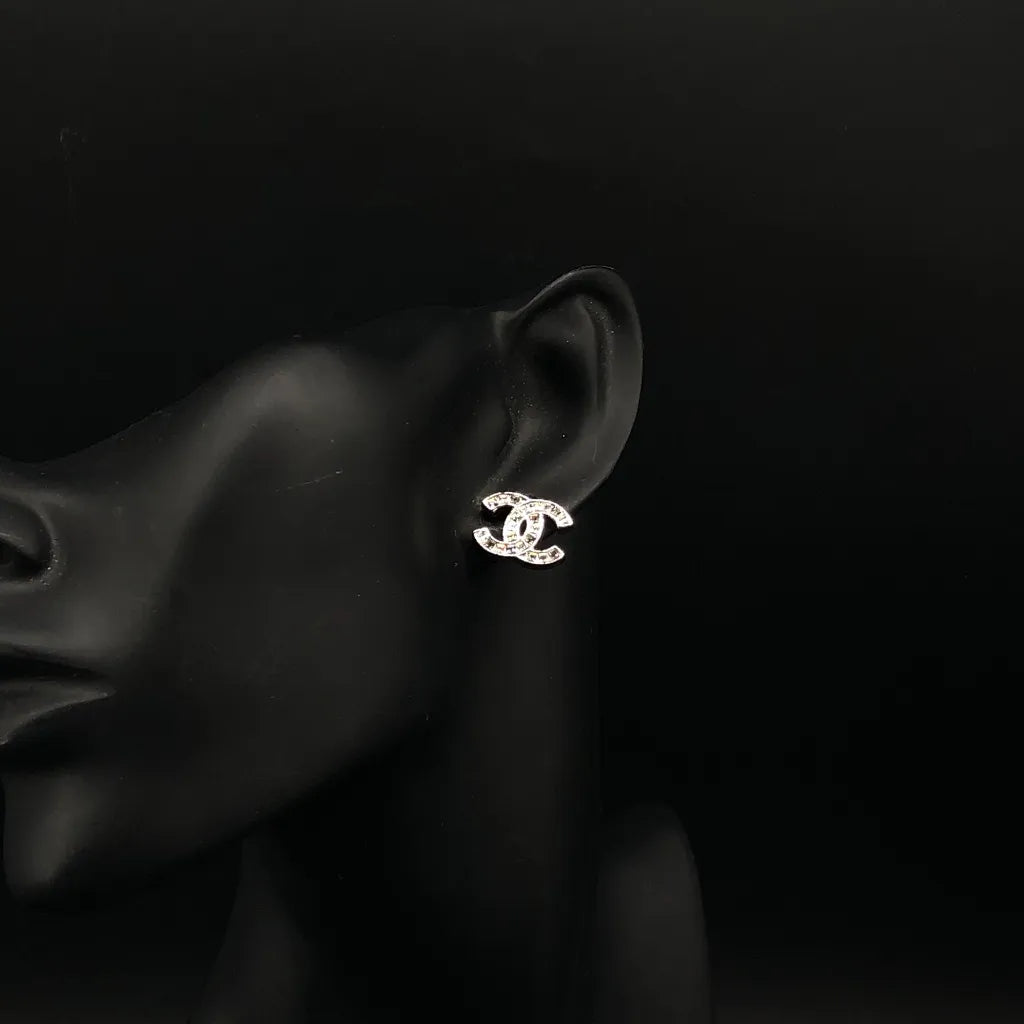 Chanel CC Logo Silver Tone Stud Earrings