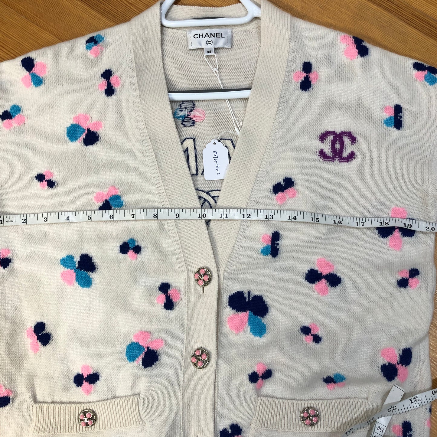 Chanel White Cashmere V-Neck Cardigan Multicolor Polka Dot Print Size 34