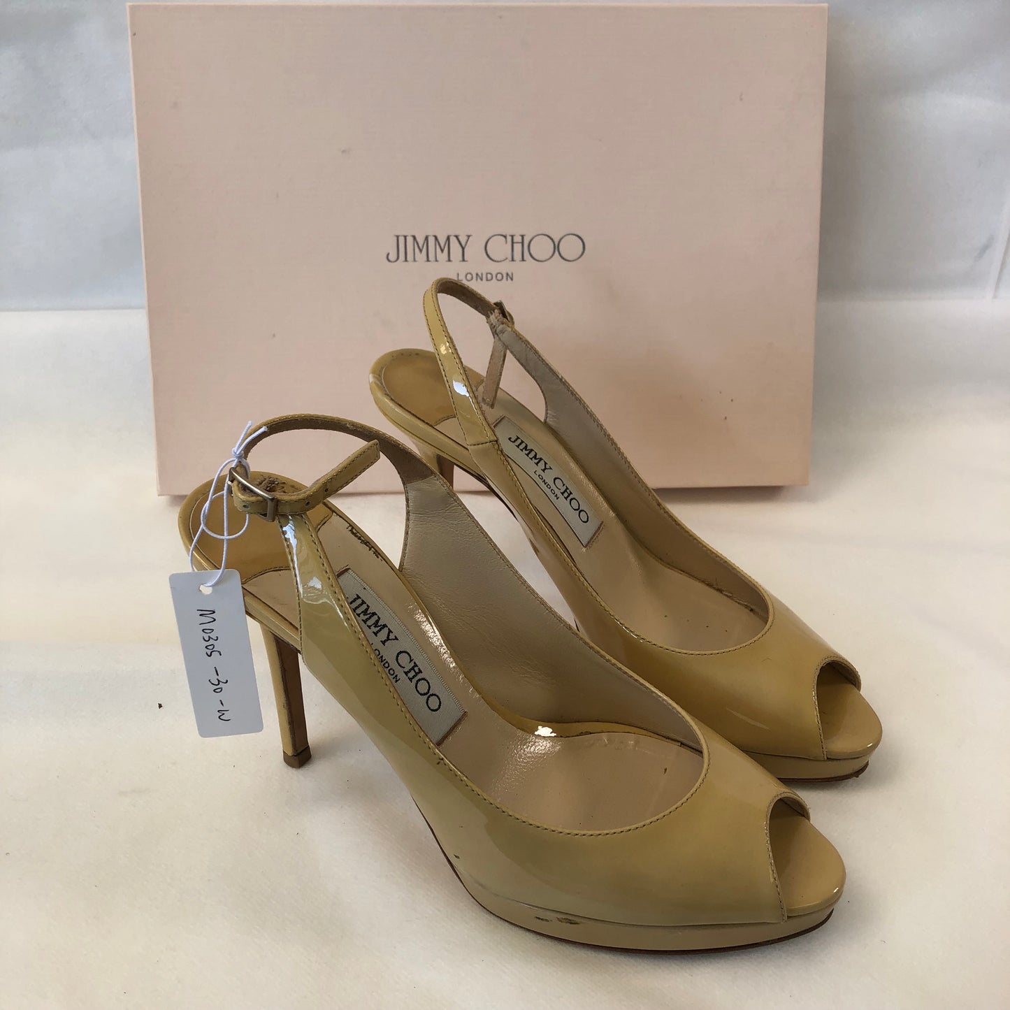 Jimmy Choo Patent Leather Peep Toe Slingback Shoes 36.5 Nude Women