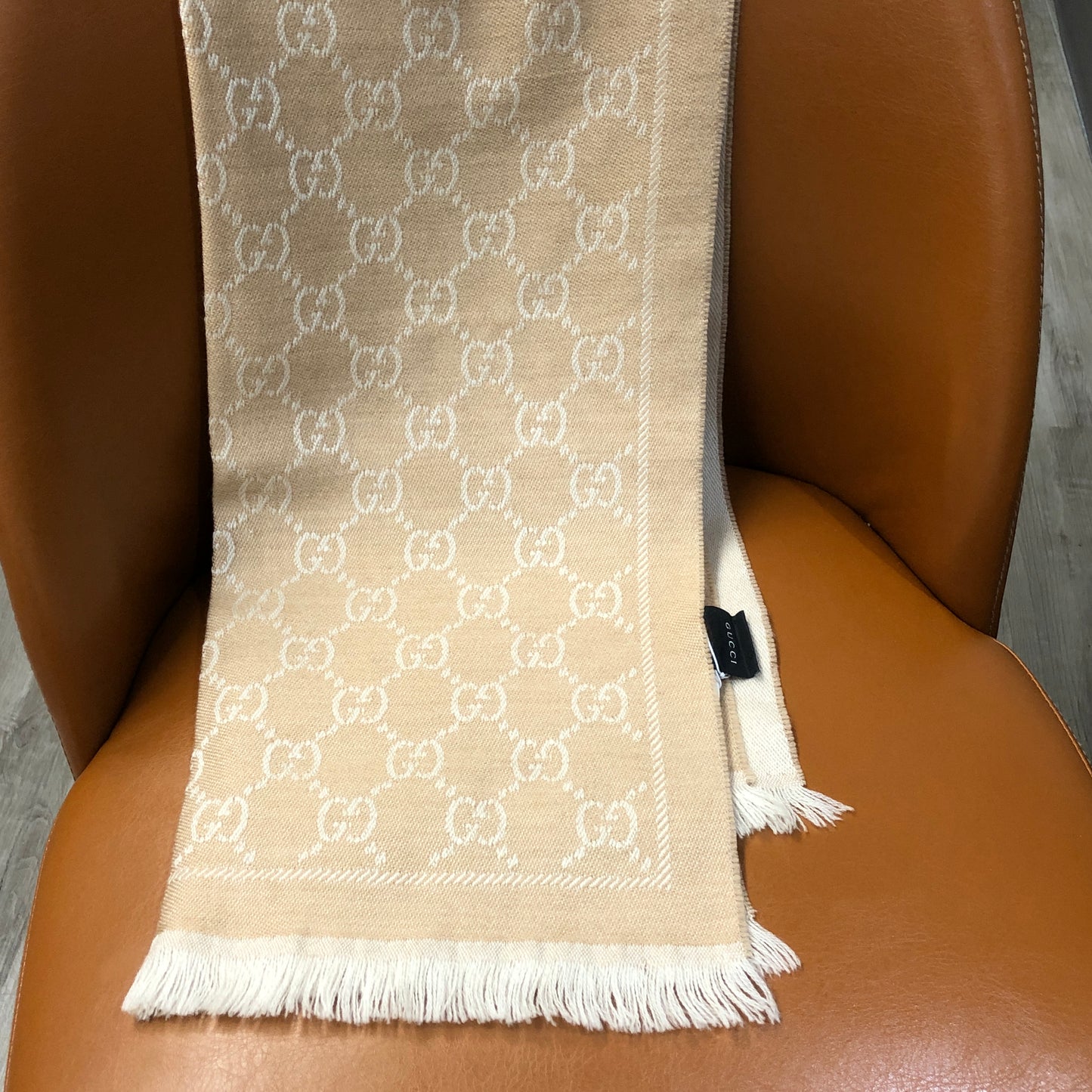 Gucci GG Supreme Jacquard Wool Scarf Beige