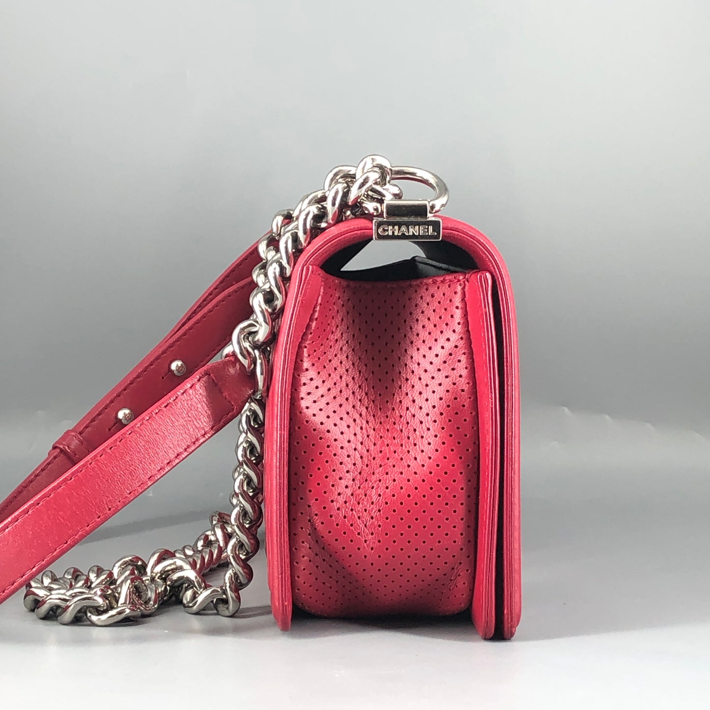 Chanel Boy Perforated Lambskin Quilted Shoulder Bag Hot Pink