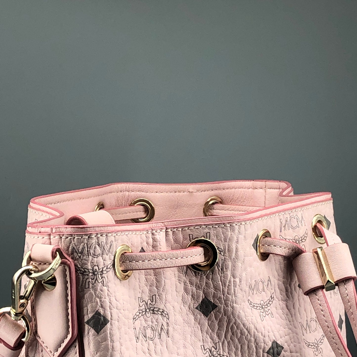 MCM Pink Visetos Print Drawstring Bucket Bag