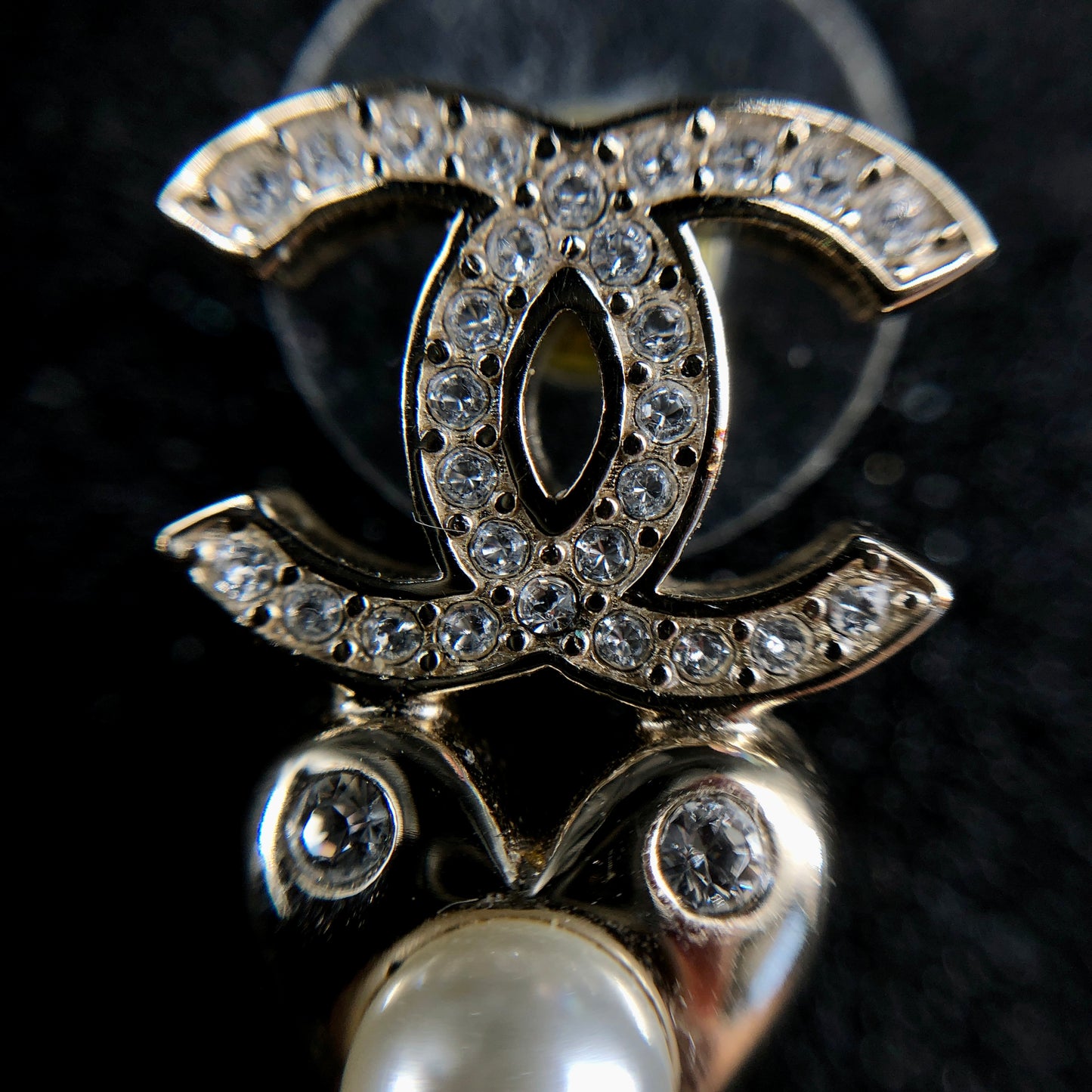 Chanel Crystal CC Logo Pearl Drop Earrings Gold Color