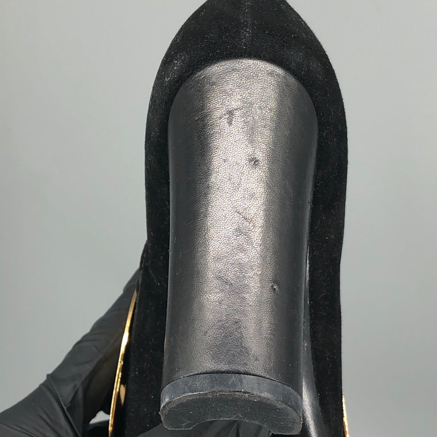 Saint Laurent Black Suede & Gold Metallic Cap Toe Block Heel Pumps 35