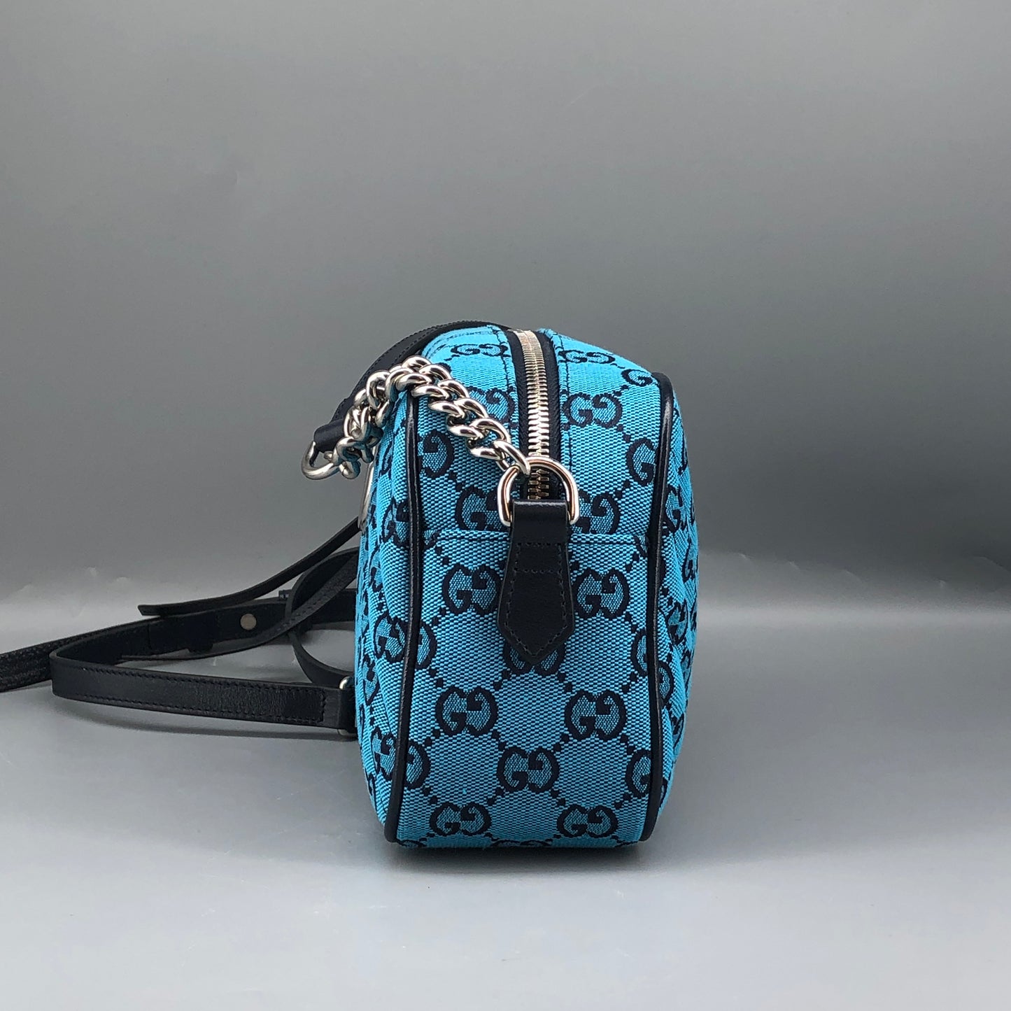 Gucci GG Marmont Small Camera Bag in Blue Diagonal Quilted Canvas