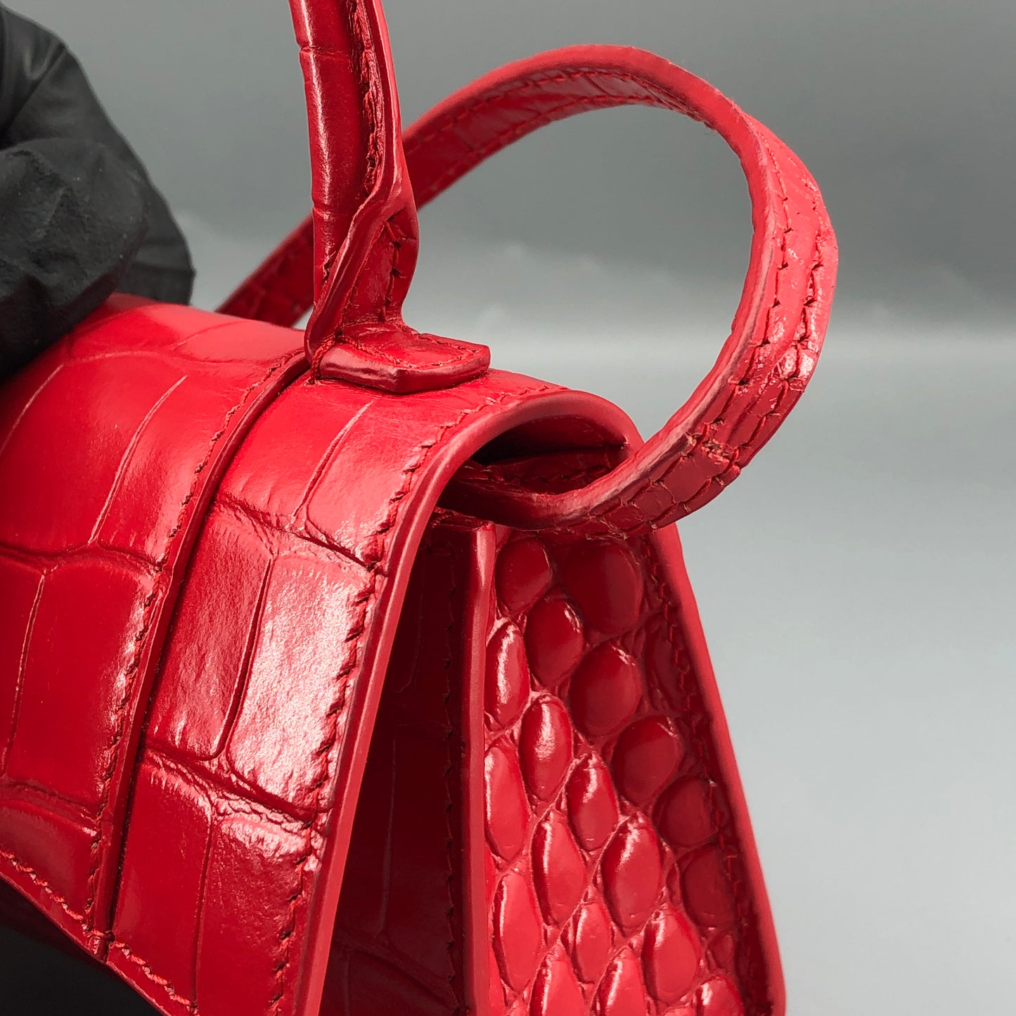 Balenciaga Red Croc Embossed Nano Hourglass Top Handle Bag