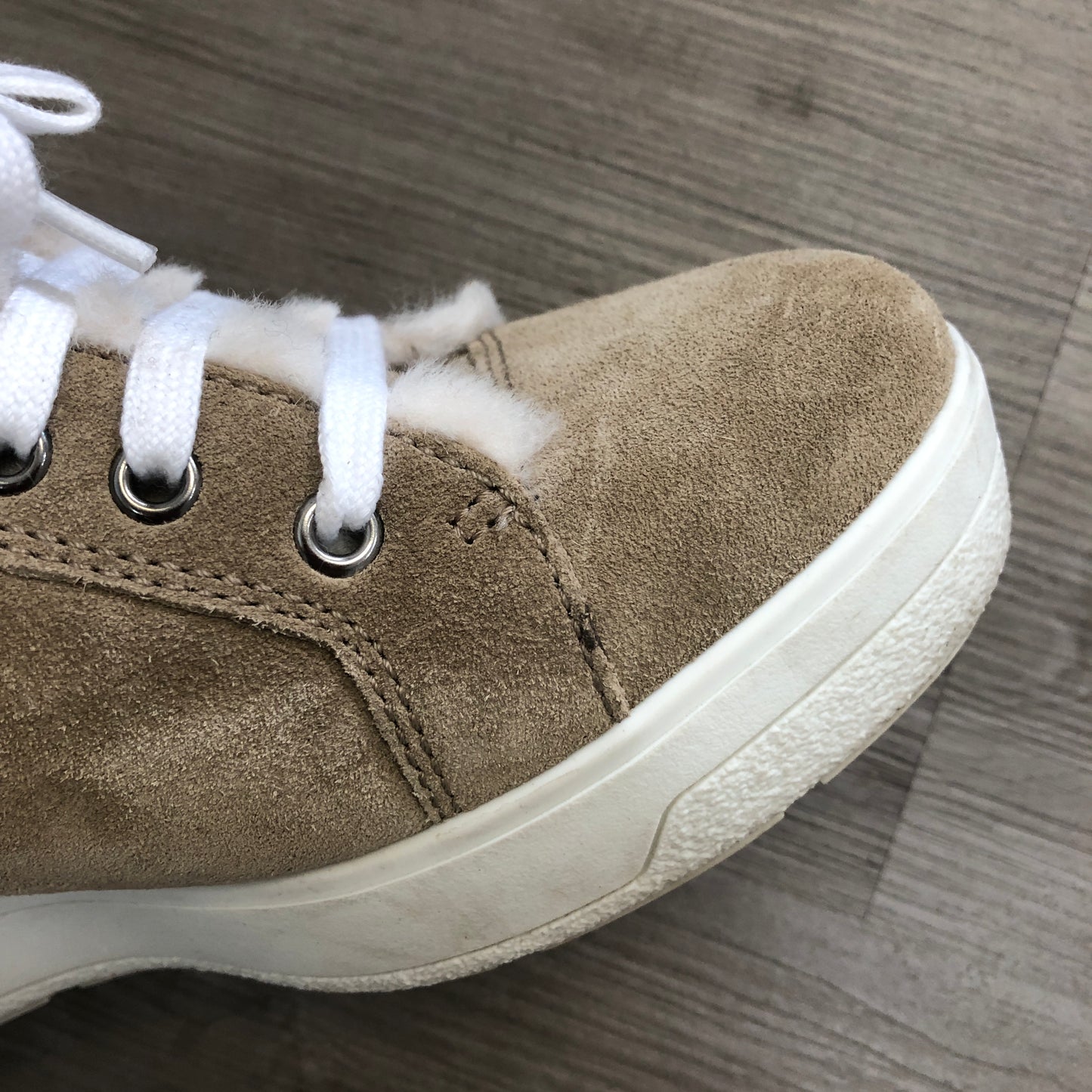 Prada Women's Shearling Lined Suede High Top Wedge Sneaker Boots 37 Beige White