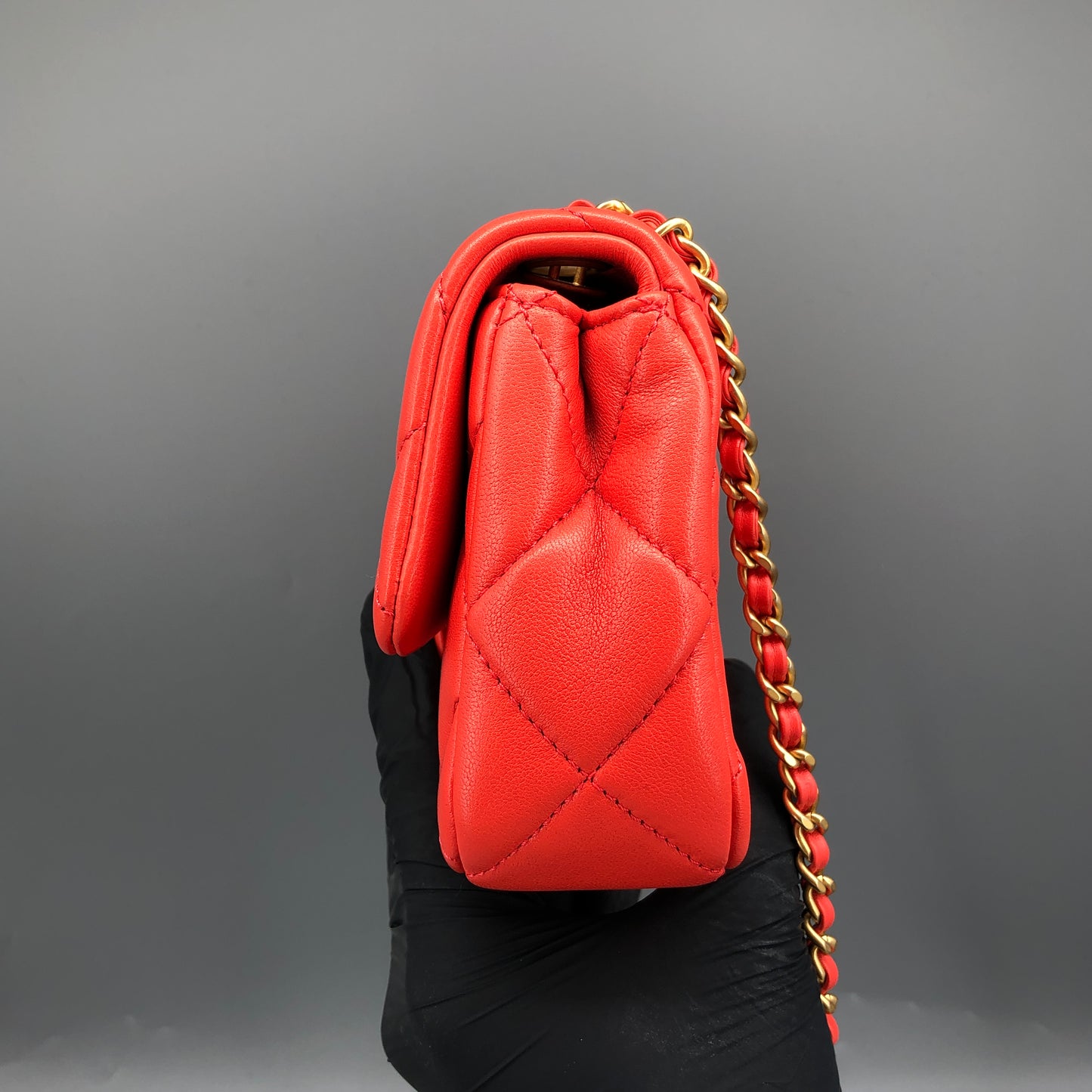 Chanel Mini Quilted Lambskin Flap Bag with Pearl Chain Red