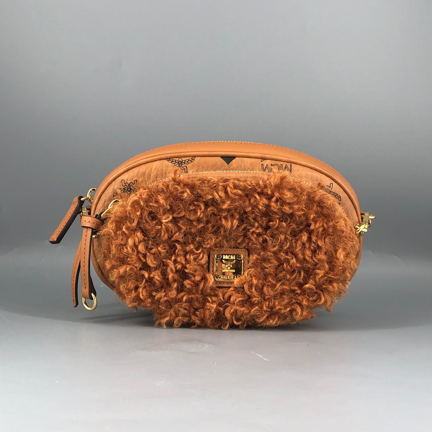 MCM Visetos Shearling Trim Oval Crossbody Camera Bag  Caramel