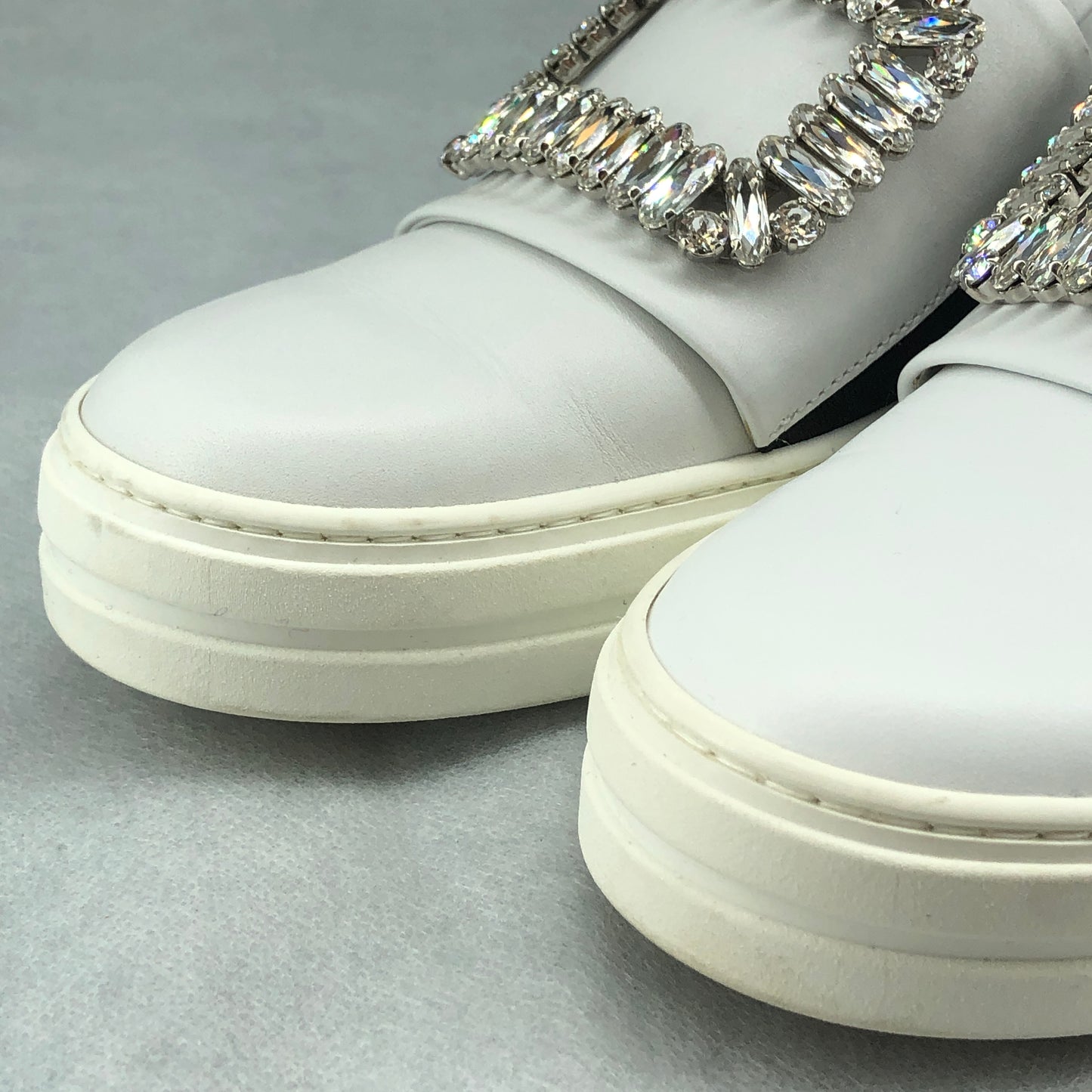 Roger Vivier White Calfskin Crystal Square Buckle Platform Slip-On Sneakers 37