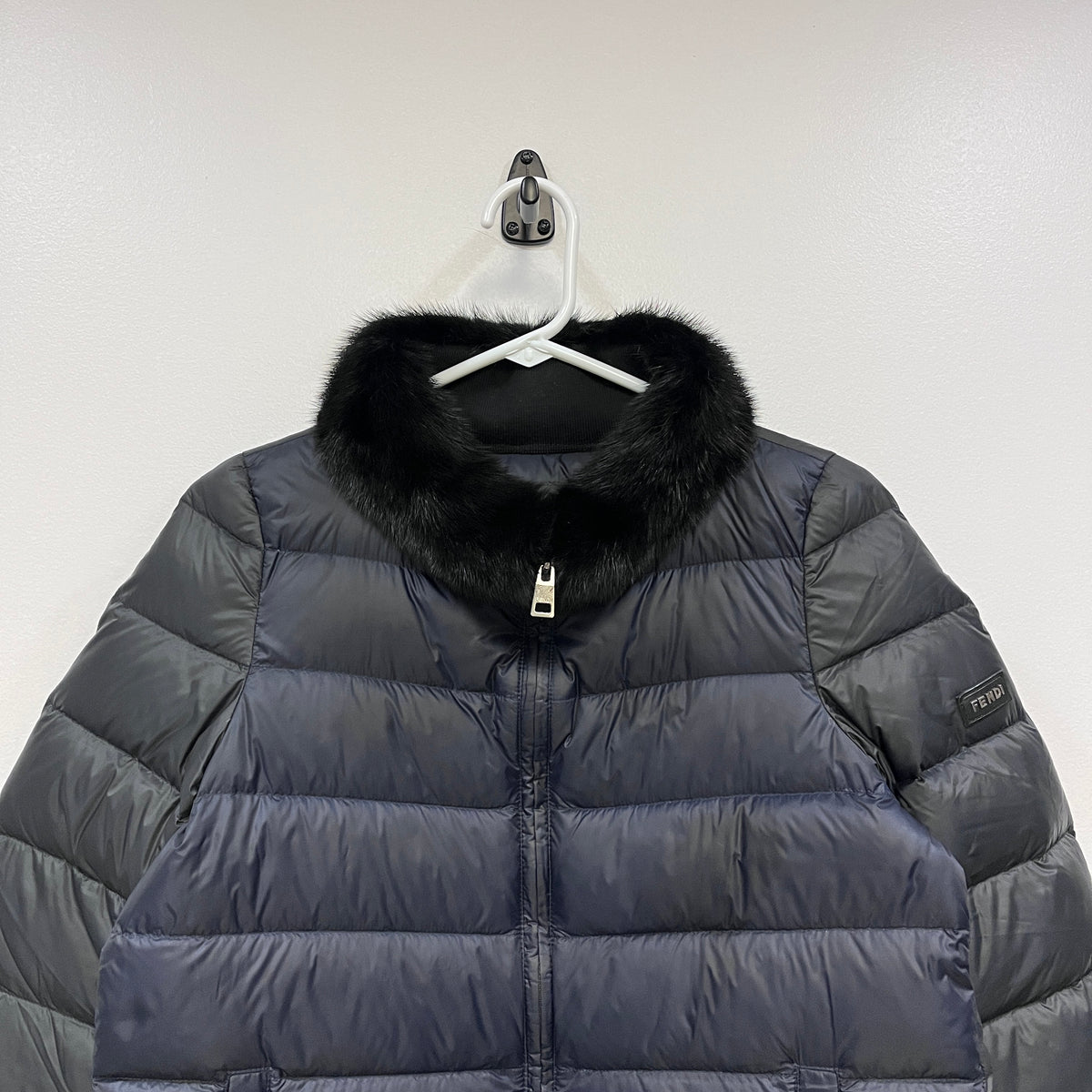 Fendi Navy Blue Puffer Fox Fur Trim Jacket size 40