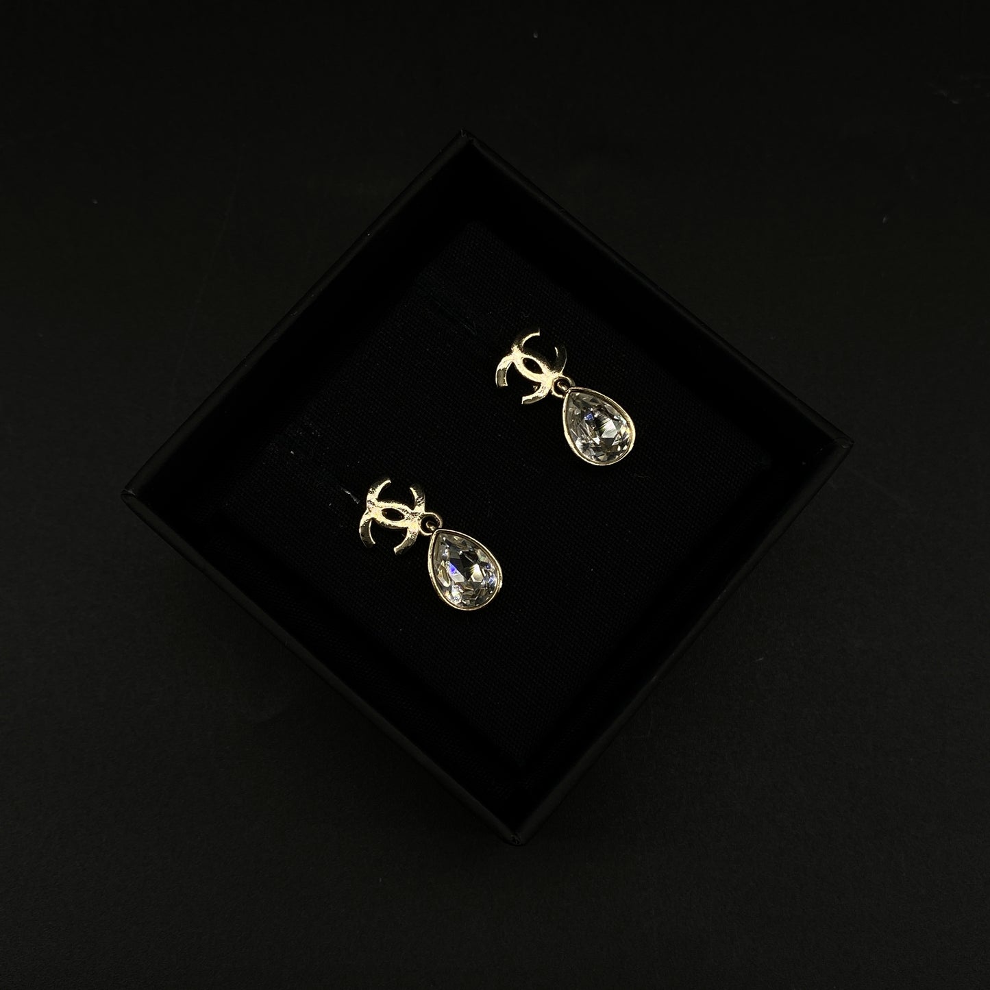 Chanel 2022 Gold-Tone Double C Teardrop Crystal Drop Earrings