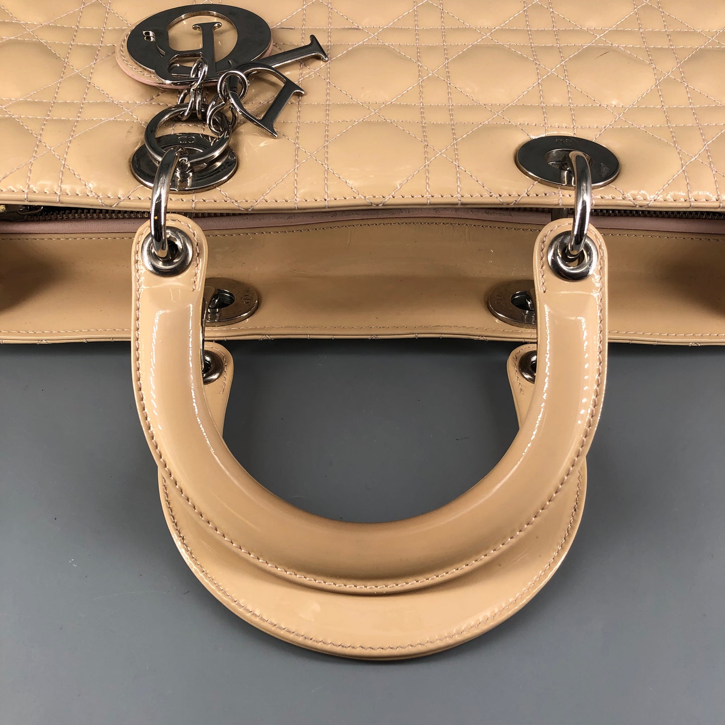 Christian Dior Lady Dior Large Cannage Patent Leather Handbag Nude