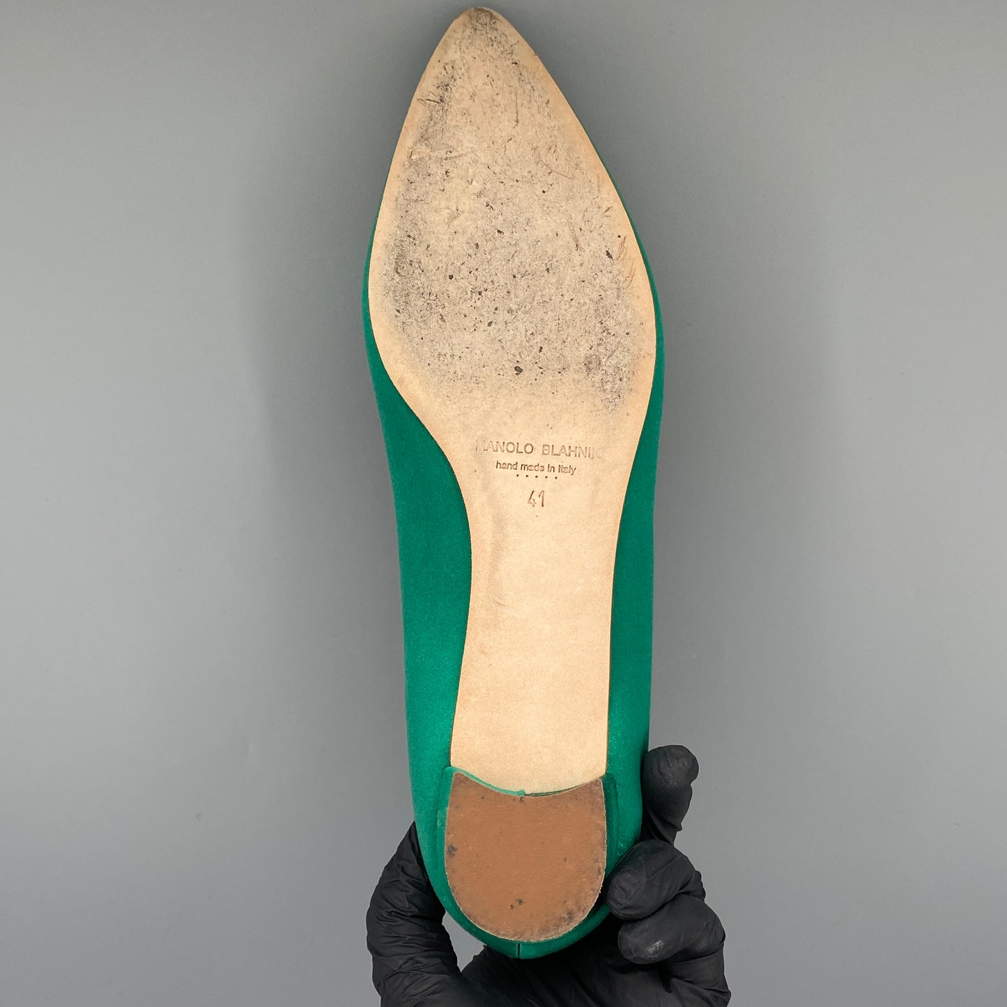 Manolo Blahnik Women's Green Satin Crystal Flat Shoes Size 41
