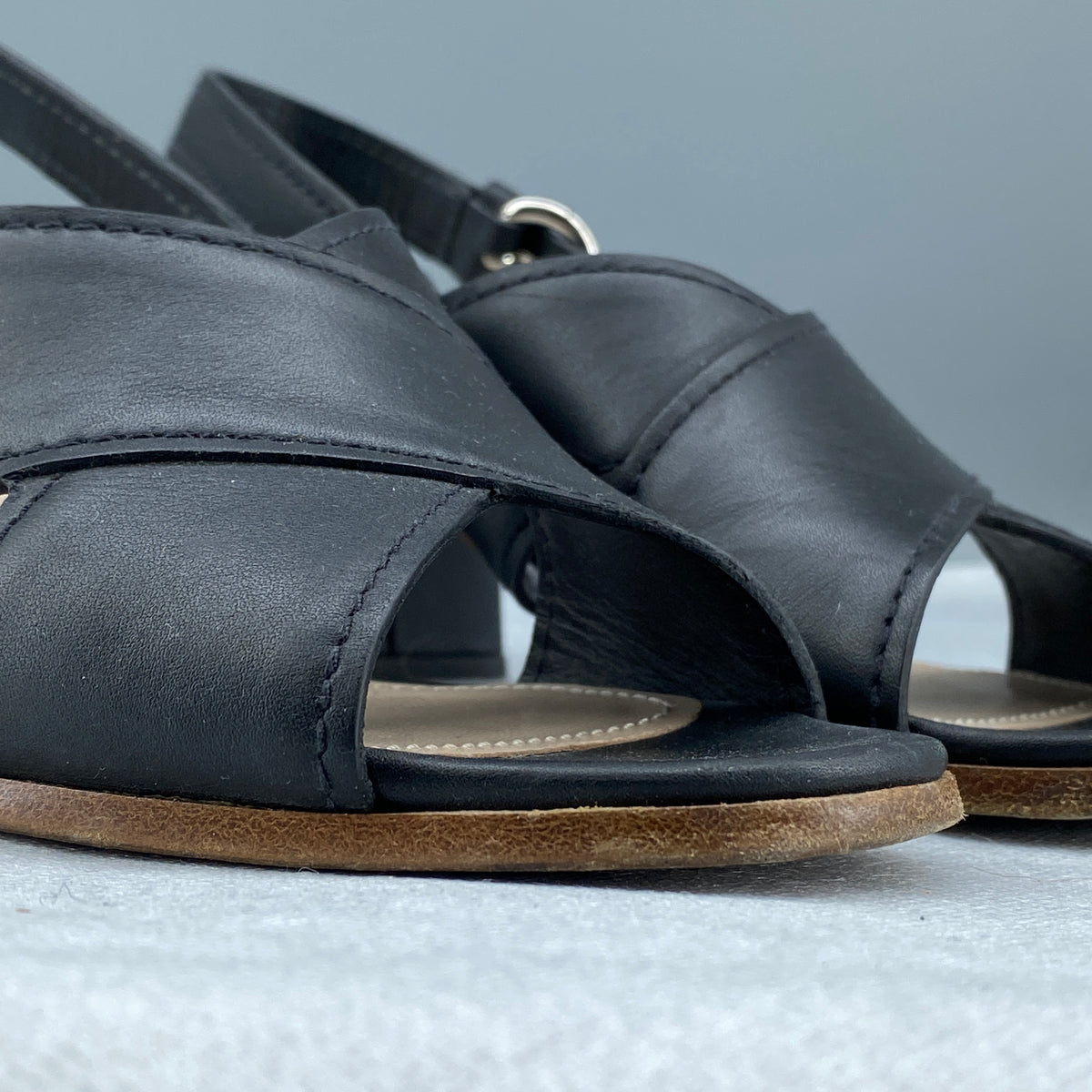 Prada Women's Black Leather Block Heel Slingback Sandal Size 35.5