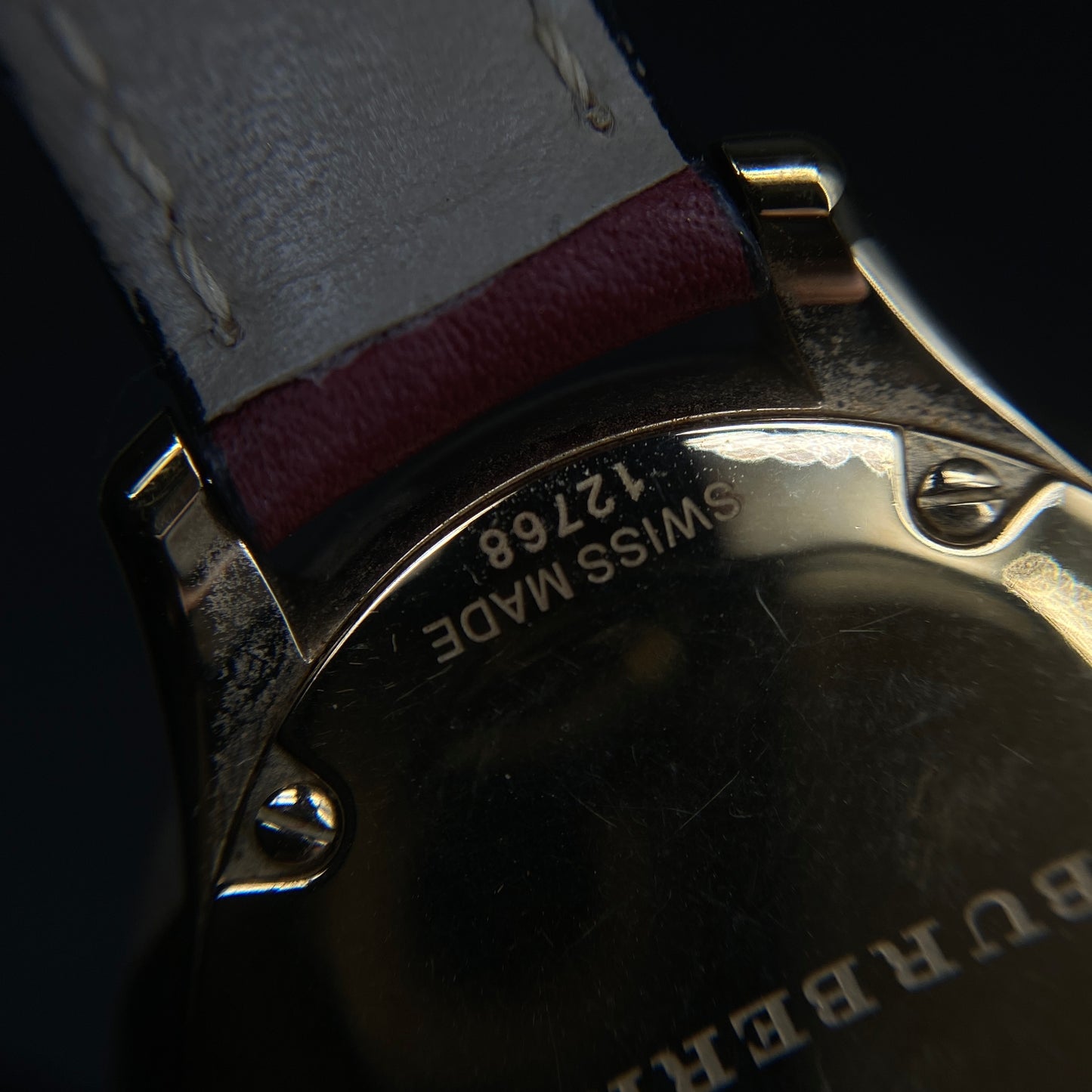 Burberry Gold Case Quartz Watch Dark Red Leather Strap