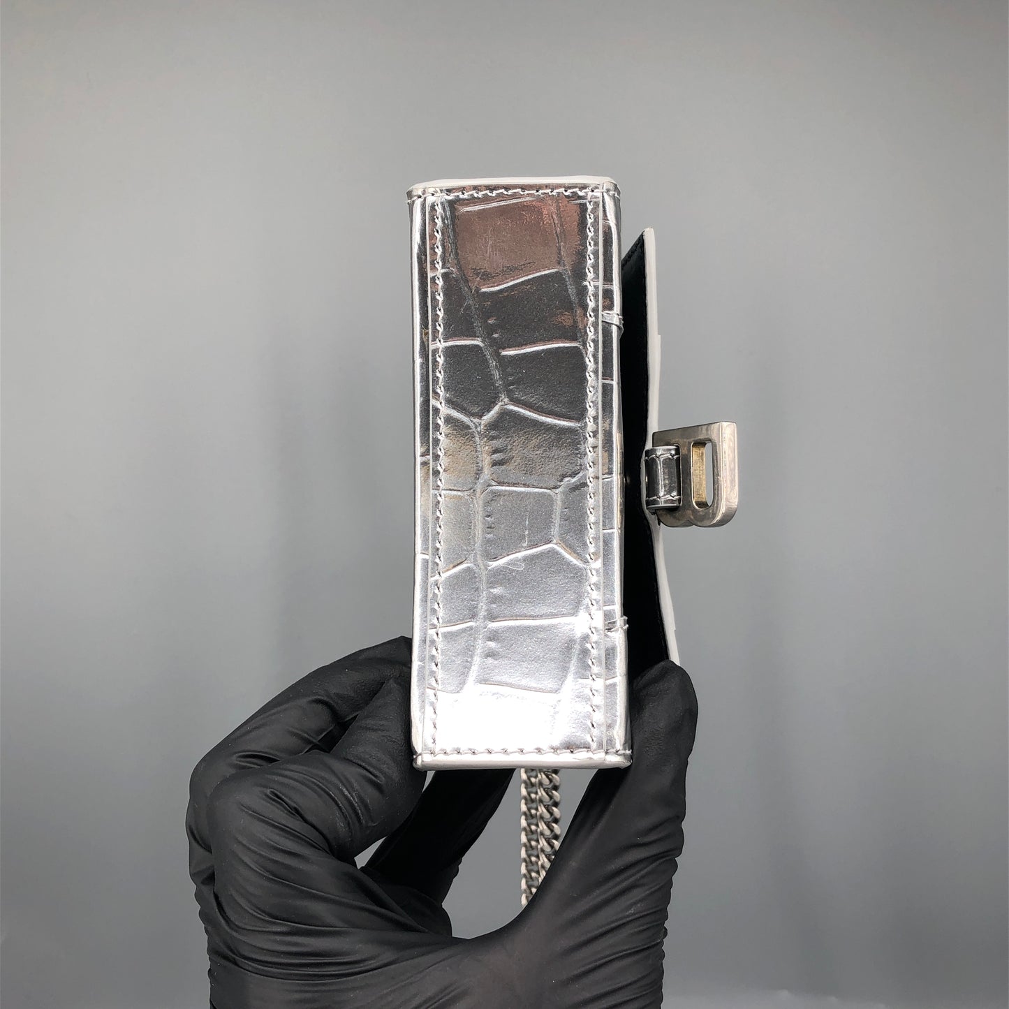 Balenciaga Silver Croc Embossed micro Hourglass Top Handle Bag