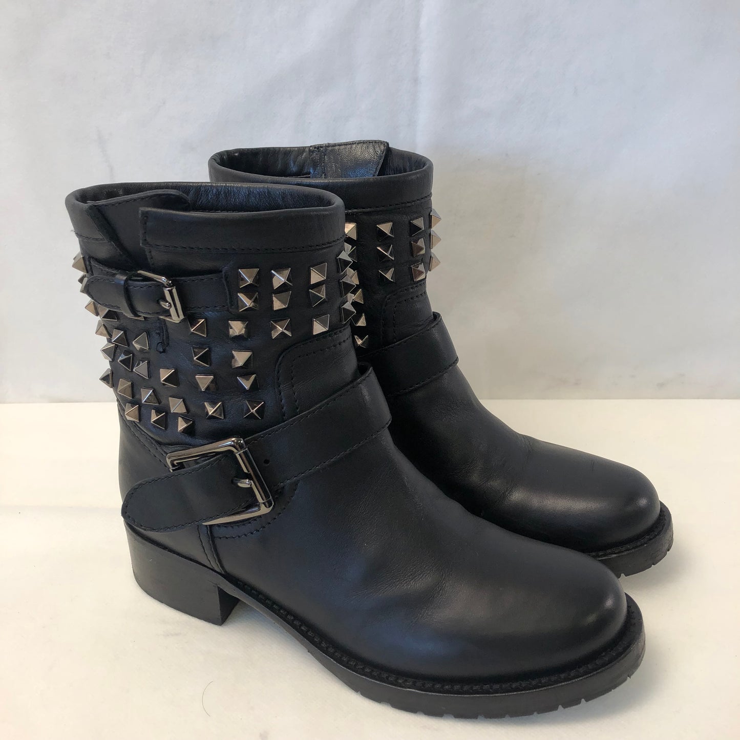 Valentino Rockstud Black Leather Ankle Boots Women's Shoes Size 36.5