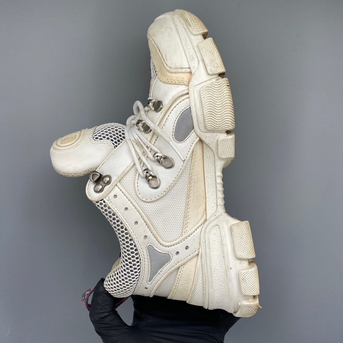 Gucci Women‘s Cream Leather Mesh Lace Up Sneaker Shoes Size 38