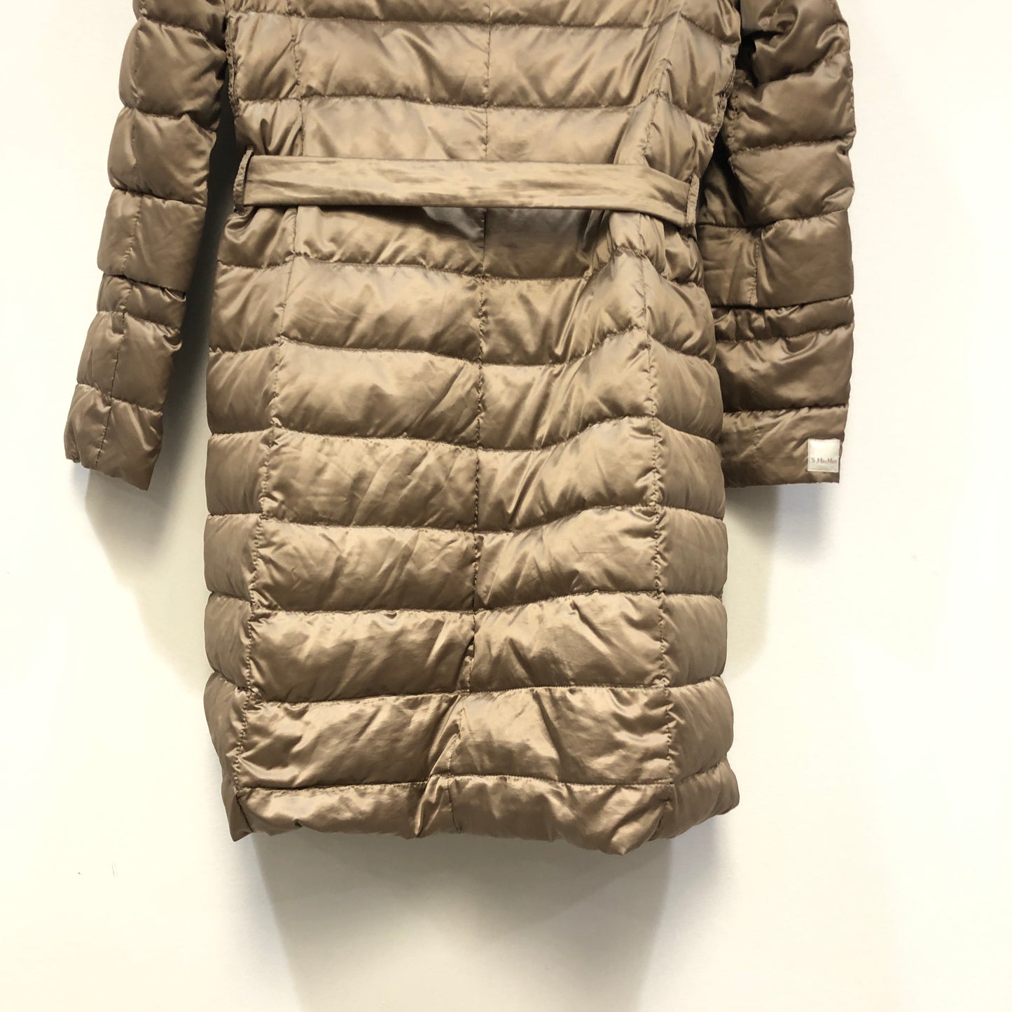 ‘S Max Mara Beige Lightweight Hooded Belted Down Mid-Length Coat Size 2