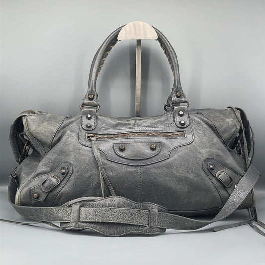 Balenciaga Classic City Distressed Leather Shoulder Handbag Grey