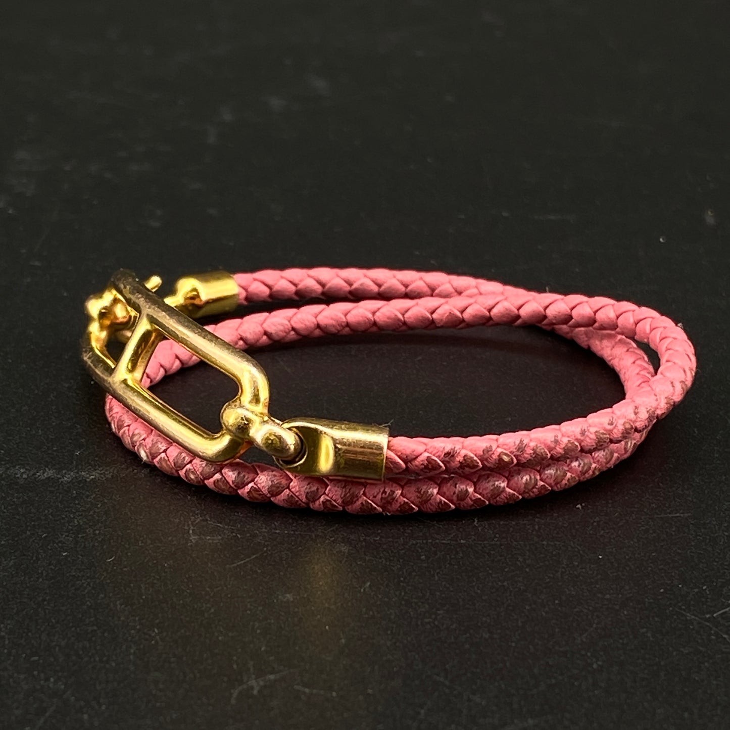 Hermes Pink Braided Leather Gold Buckle Bracelet