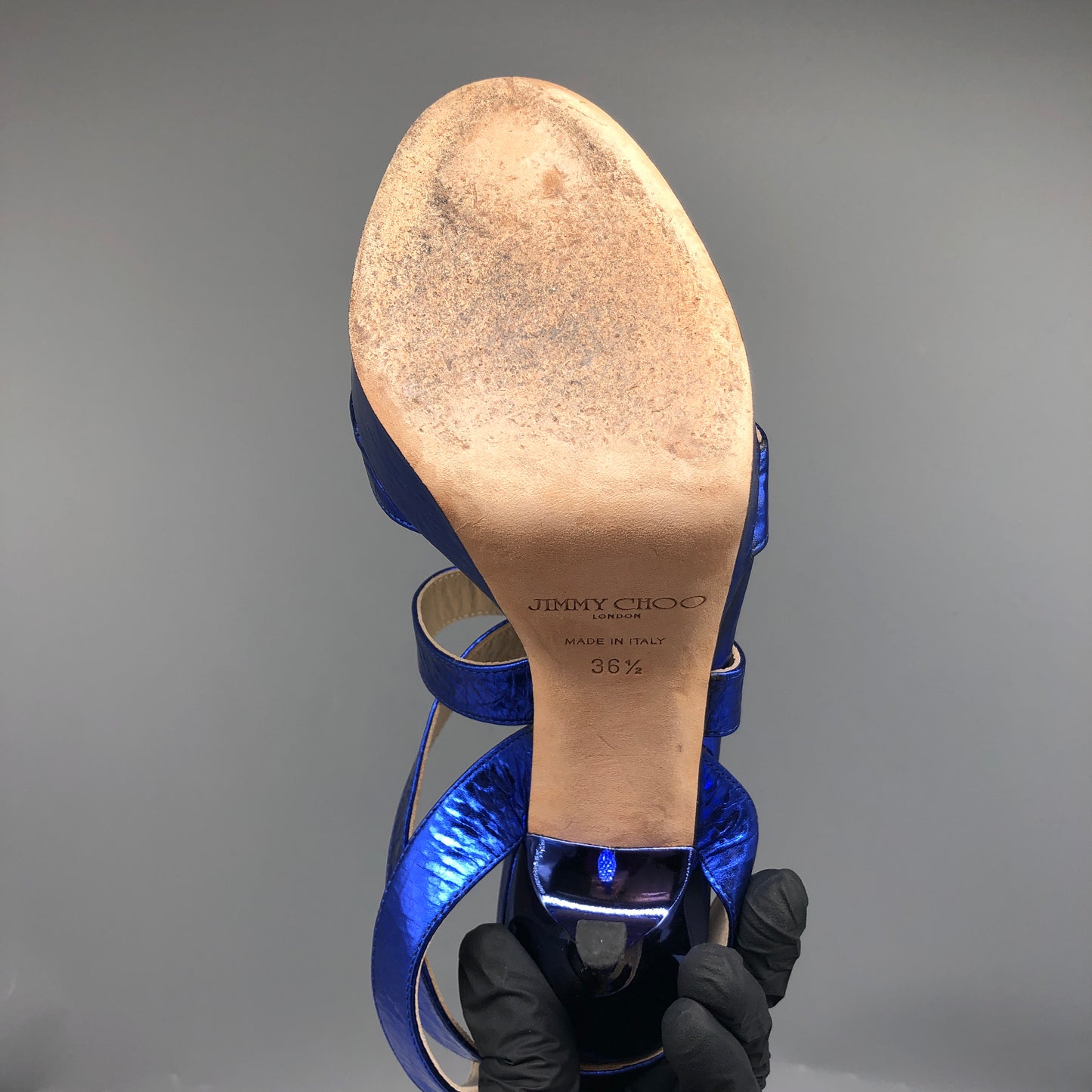 Jimmy Choo Women Metallic Blue Strappy Heels Size 36.5 Shoes