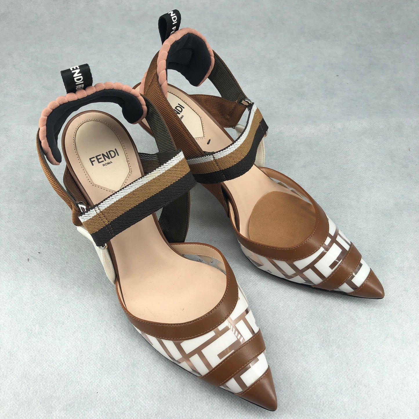 Fendi Logo Strap Pointed Toe Heels Size 36.5 Women Brown