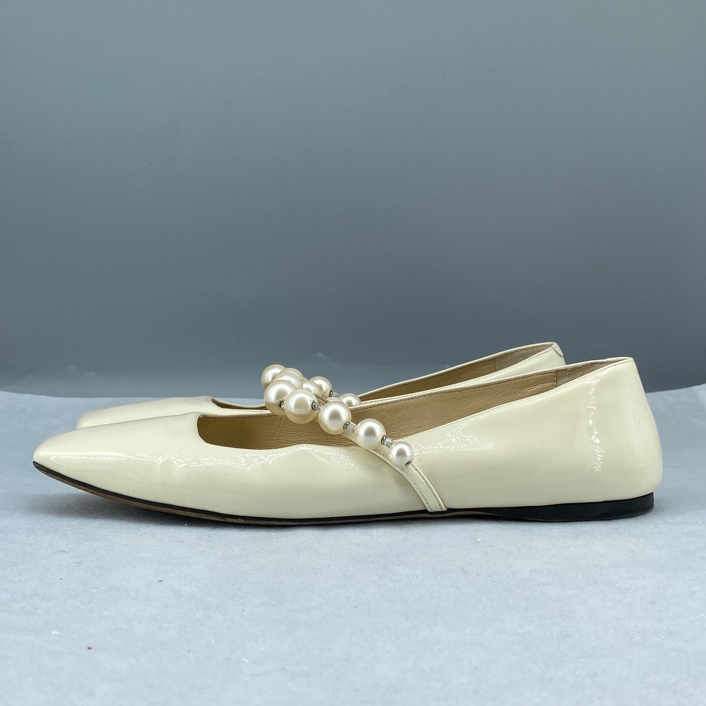 Jimmy Choo Pearl Strap Patent Flat Shoes Size 41 Cream