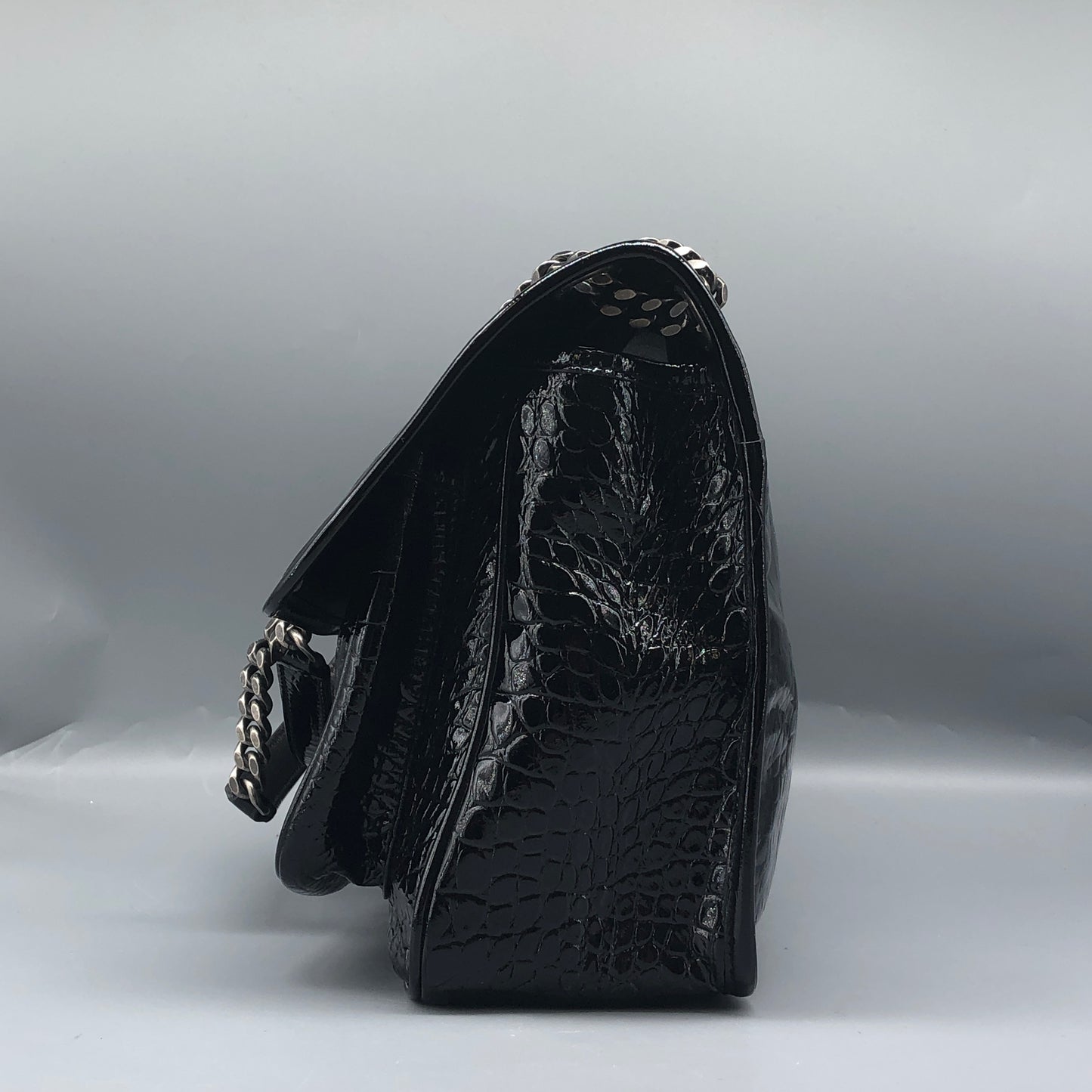 Saint Laurent Patent Crocodile Embossed Medium Niki Chain Satchel Bag