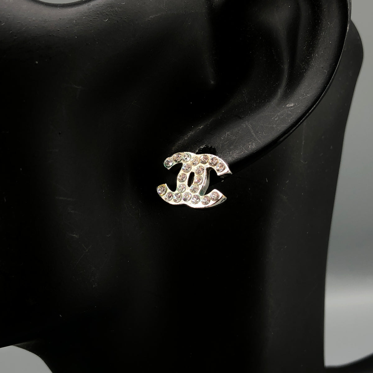 Chanel Silver Tone CC Crystal Stud Earrings