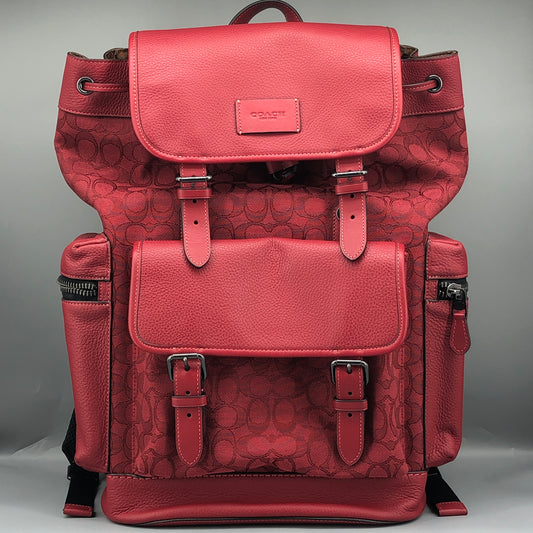 Coach Signature Canvas & Leather Flap Backpack Bag Red