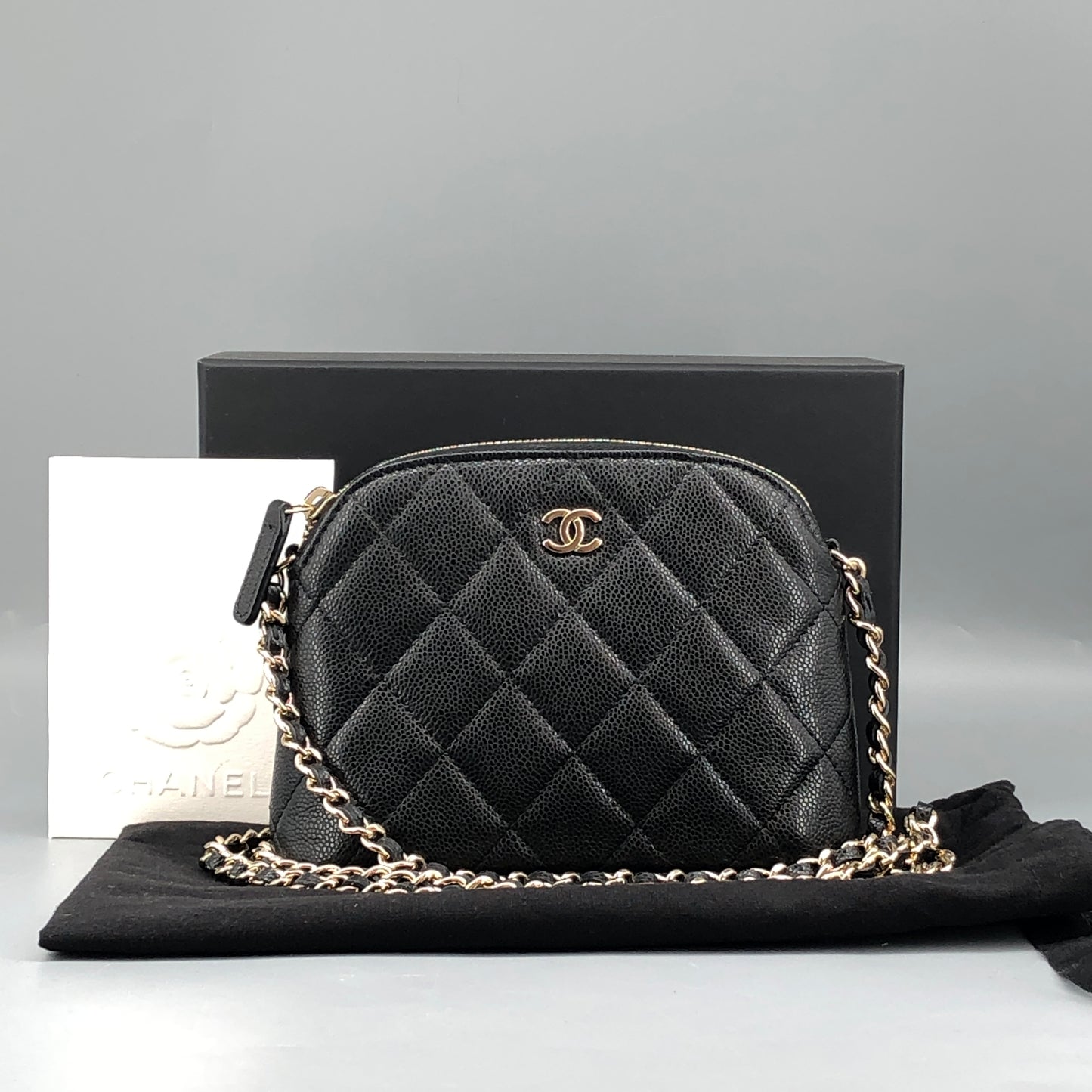 Chanel Black Caviar Quilted Mini Dome Chain Crossbody Bag
