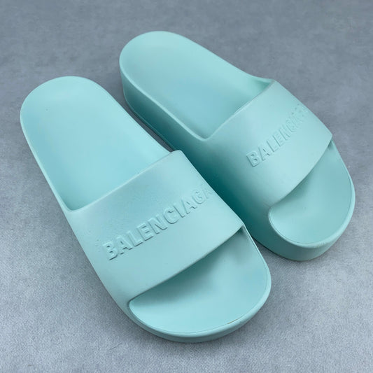 Balenciaga Unisex Light Tiffany Blue Rubber Thick Platform Slide Sandals Size 38