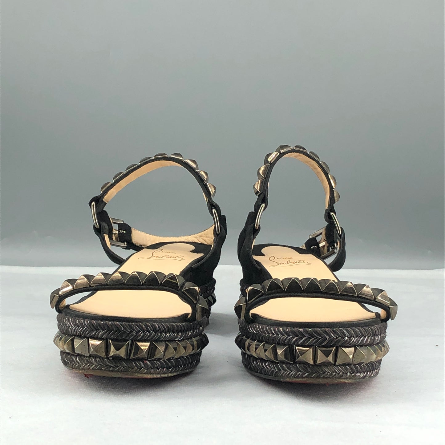 Christian Louboutin Women's Spiked Suede Platform Ankle Strap Sandals Size 38 Black