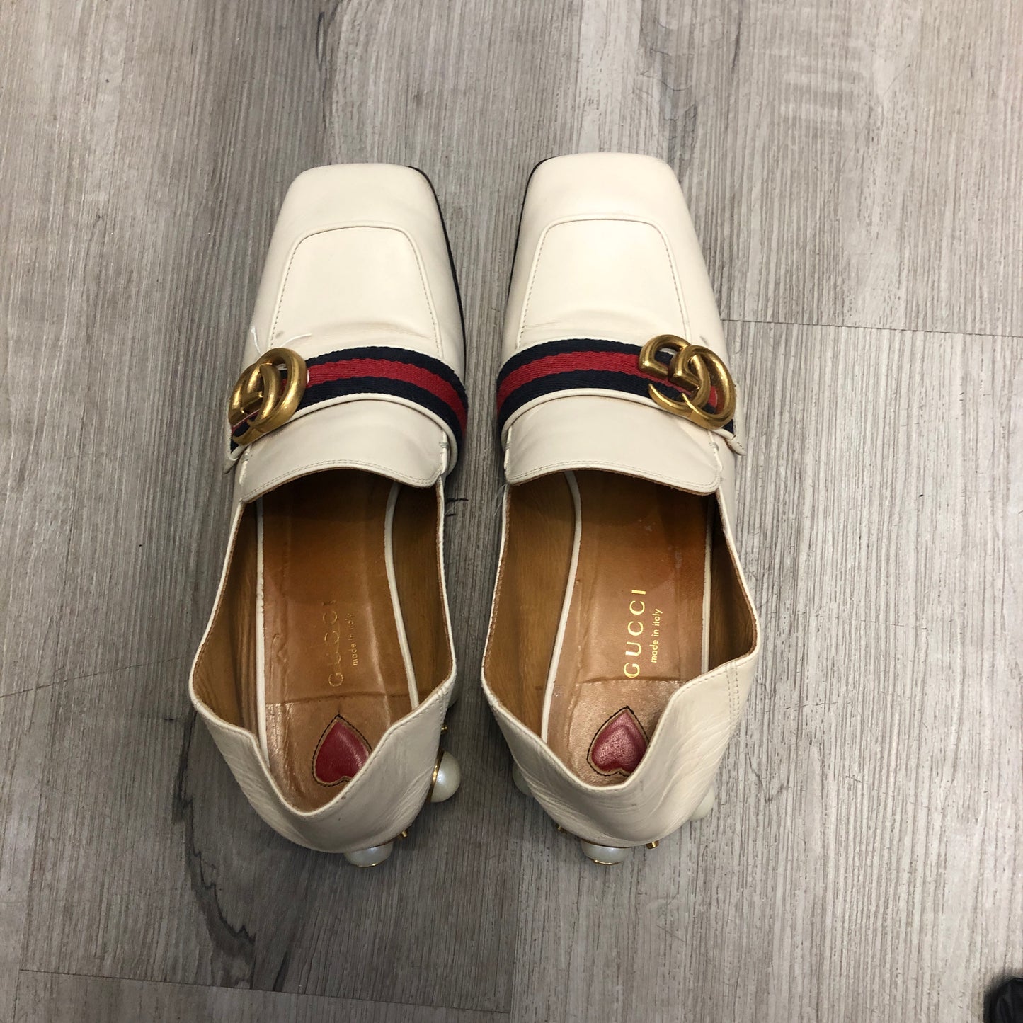 Gucci Women's Web Stripe Pearl Heel Mule Slip On Loafer Shoes 36.5 Cream Red Green