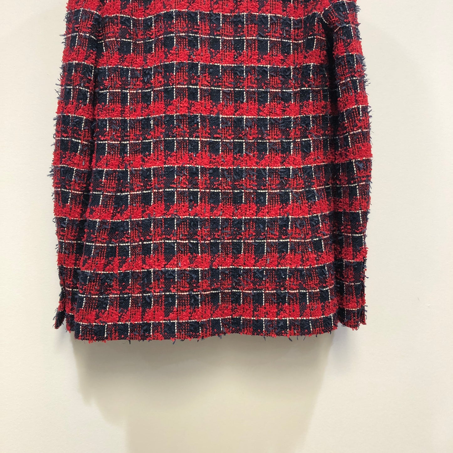Chanel Red & Navy Blue Plaid Tweed Blazer Lapel Collar Size 36