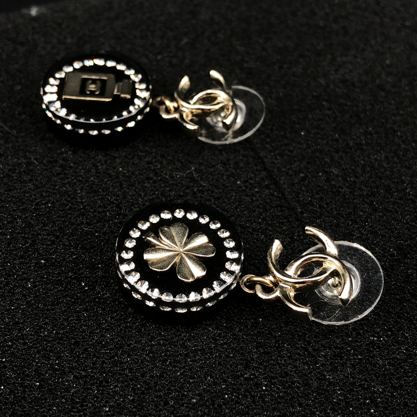 Chanel 2021 Gold Tone Black Enamel Crystal Round Drop Earrings