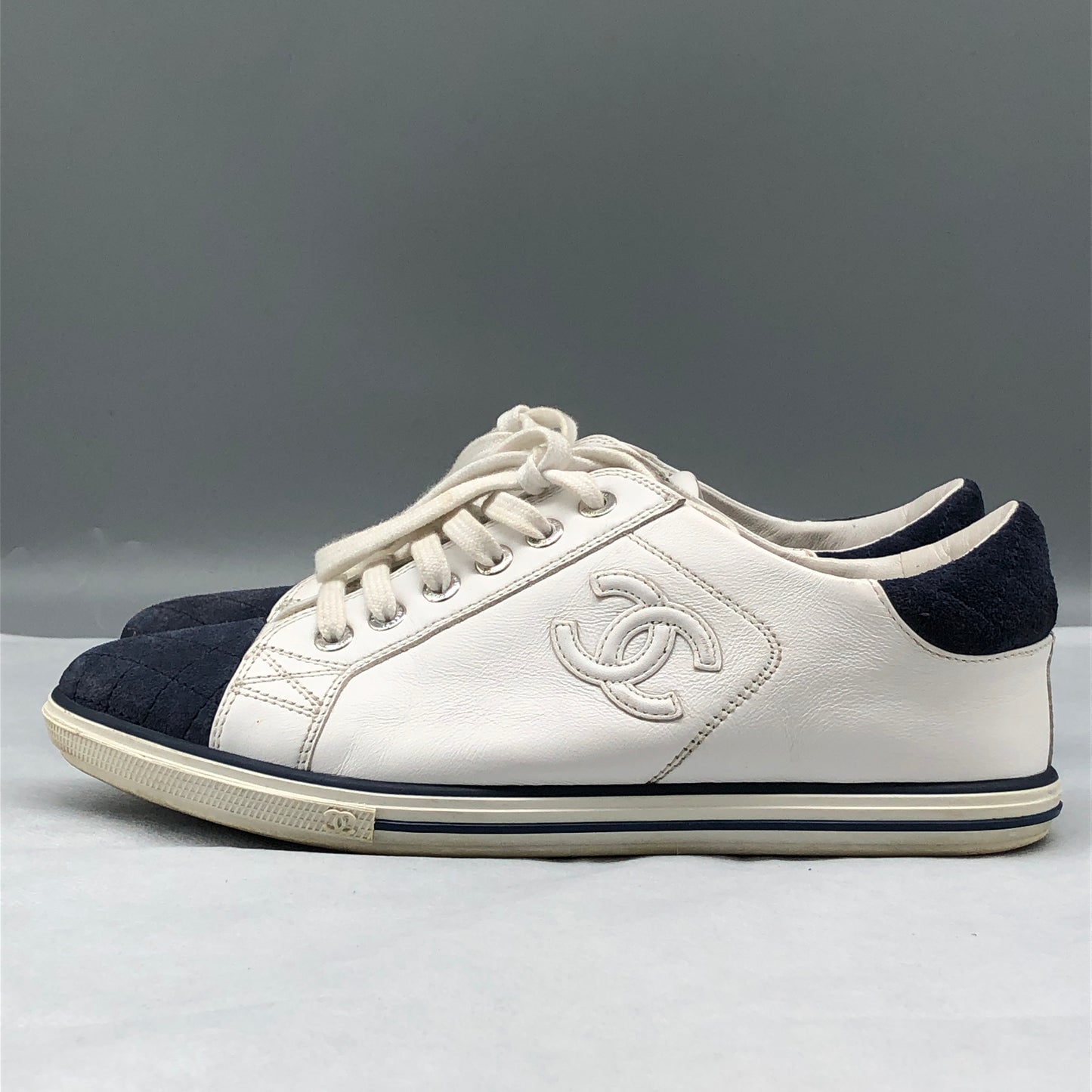 Chanel Women's White & Dark Blue Cap-Toe Sneakers shoes 36.5