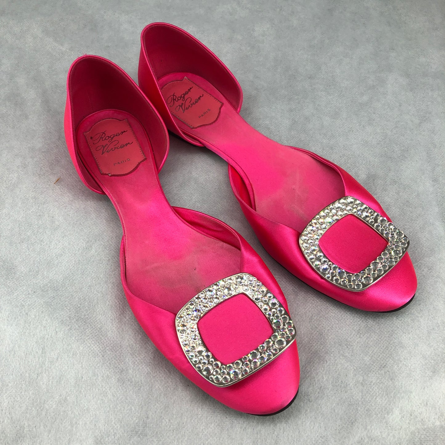 Roger Vivier Hot Pink Satin Crystal Square Buckle D'Orsay Flat Shoes 37