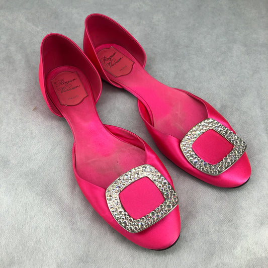 Roger Vivier Hot Pink Satin Crystal Square Buckle D'Orsay Flat Shoes 37